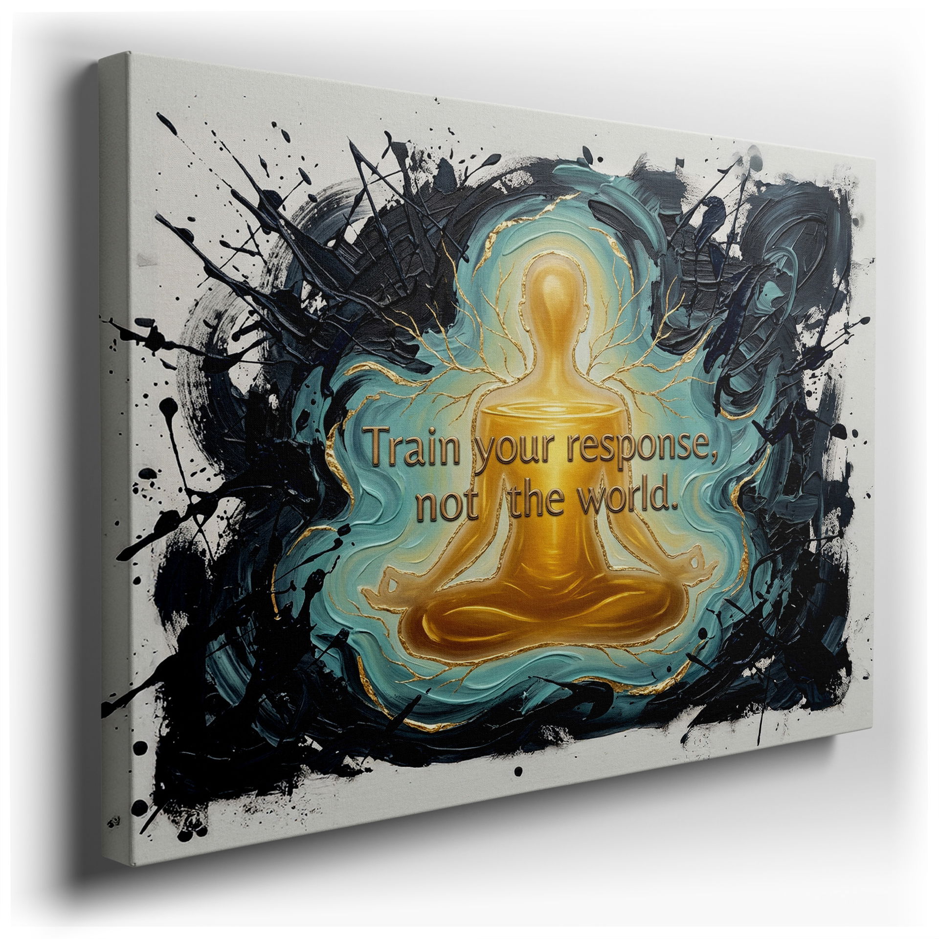 Abstract wall art featuring a meditating figure with 'Train Your Response' quote, for mindful home wall decor.