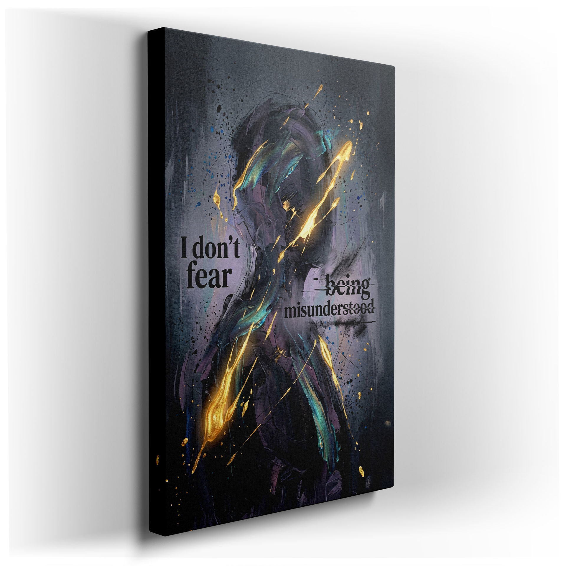 Abstract wall art featuring a textured figure and the quote, "I don't fear being misunderstood."