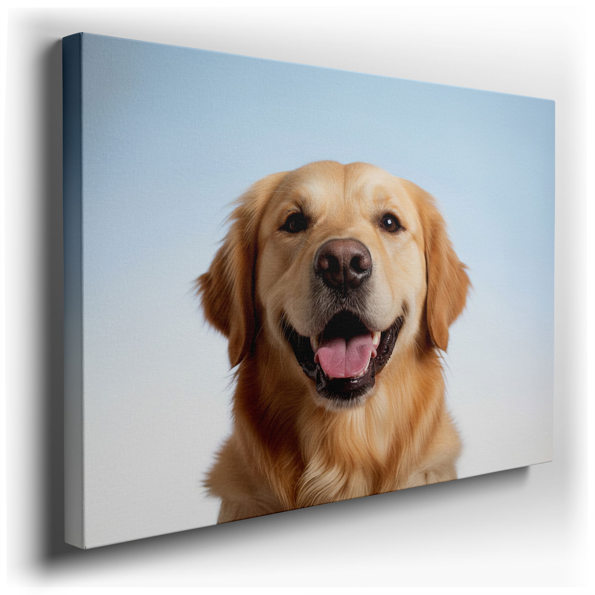 Close-up canvas wall art of a smiling Golden Retriever's face displays its open mouth & eager expression. A beautiful piece of wall art.