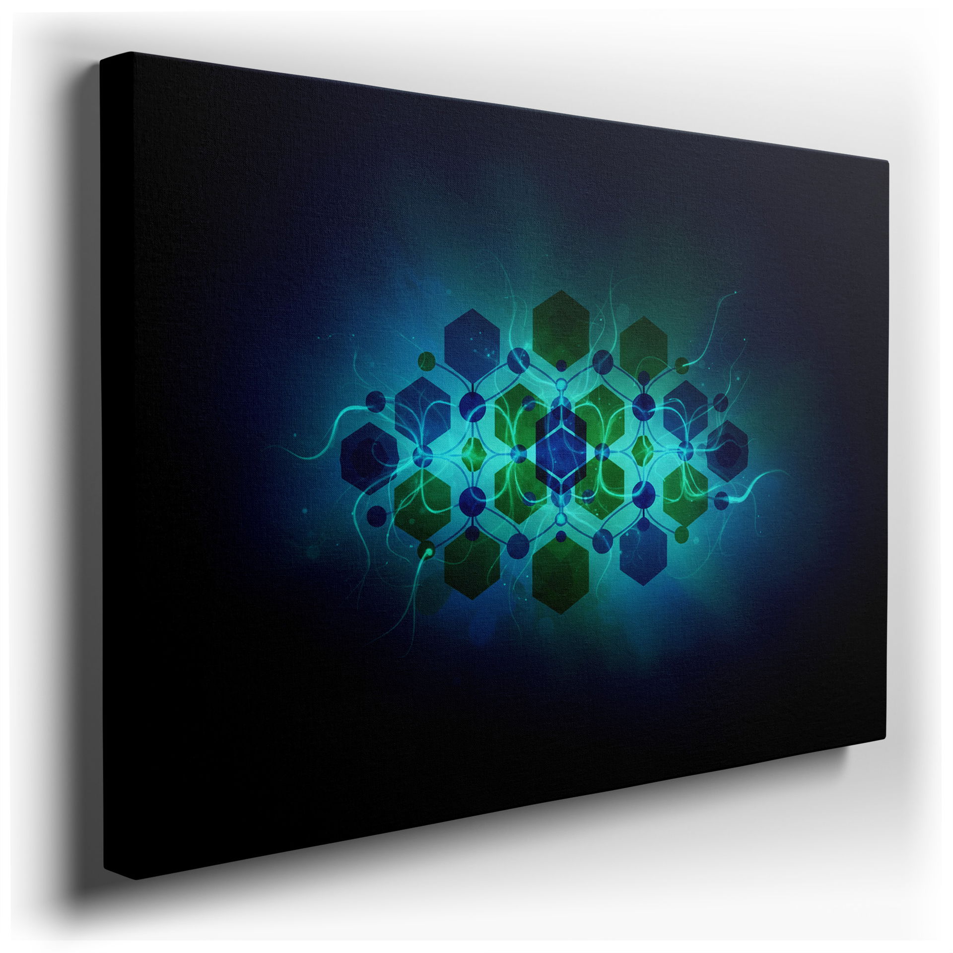 Abstract wall art showcasing interconnected geometric shapes in blue and green, offering a modern artistic statement.
