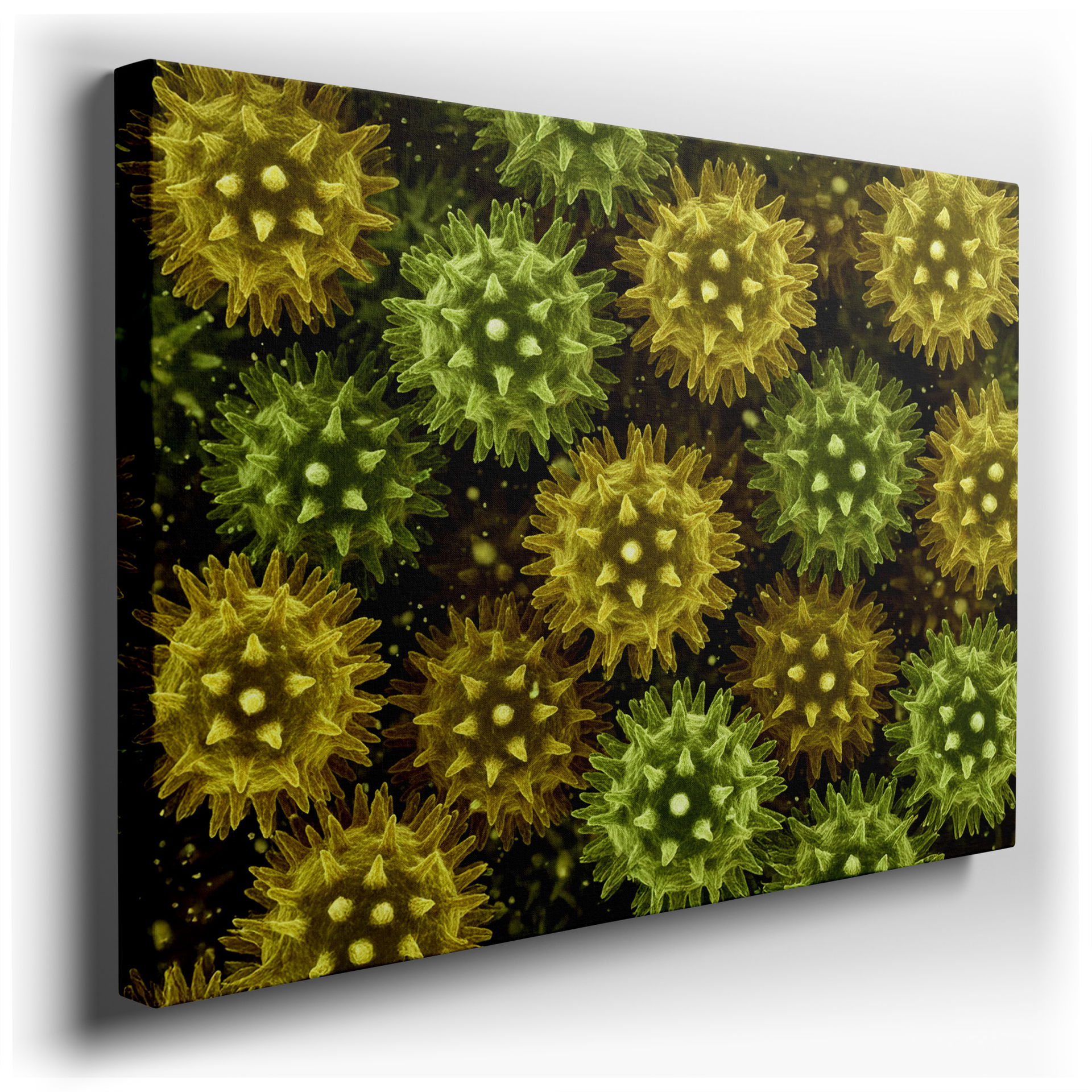 Detailed microscopic image of a floral pattern in green and yellow hues, presented as botanical wall art.