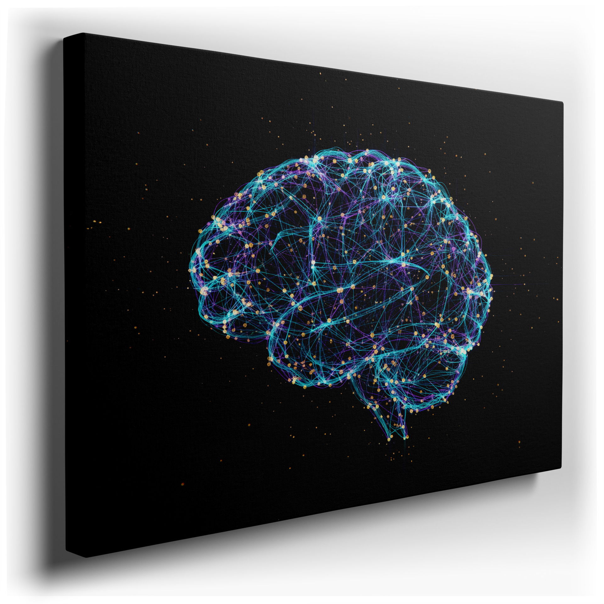 Abstract digital wall art showing a luminous network brain with connected nodes against a dark backdrop - stunning wall art.