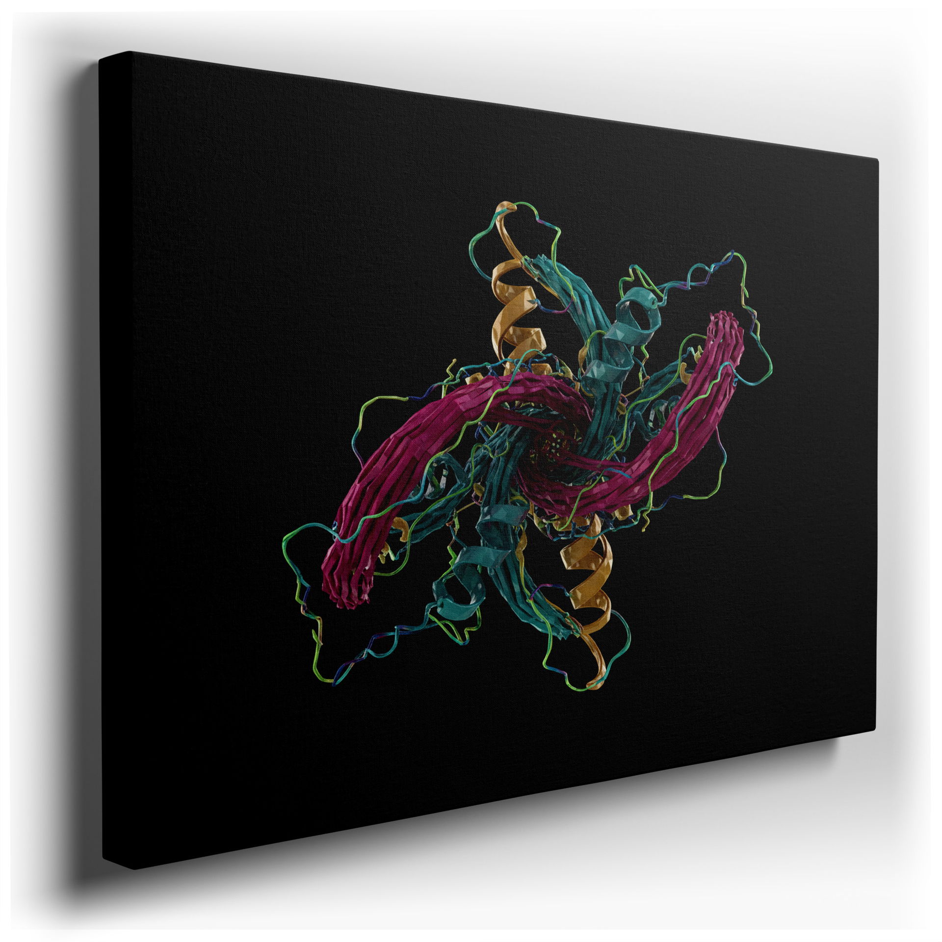 Abstract digital wall art with swirling teal, magenta, and gold design on black, a modern art piece.