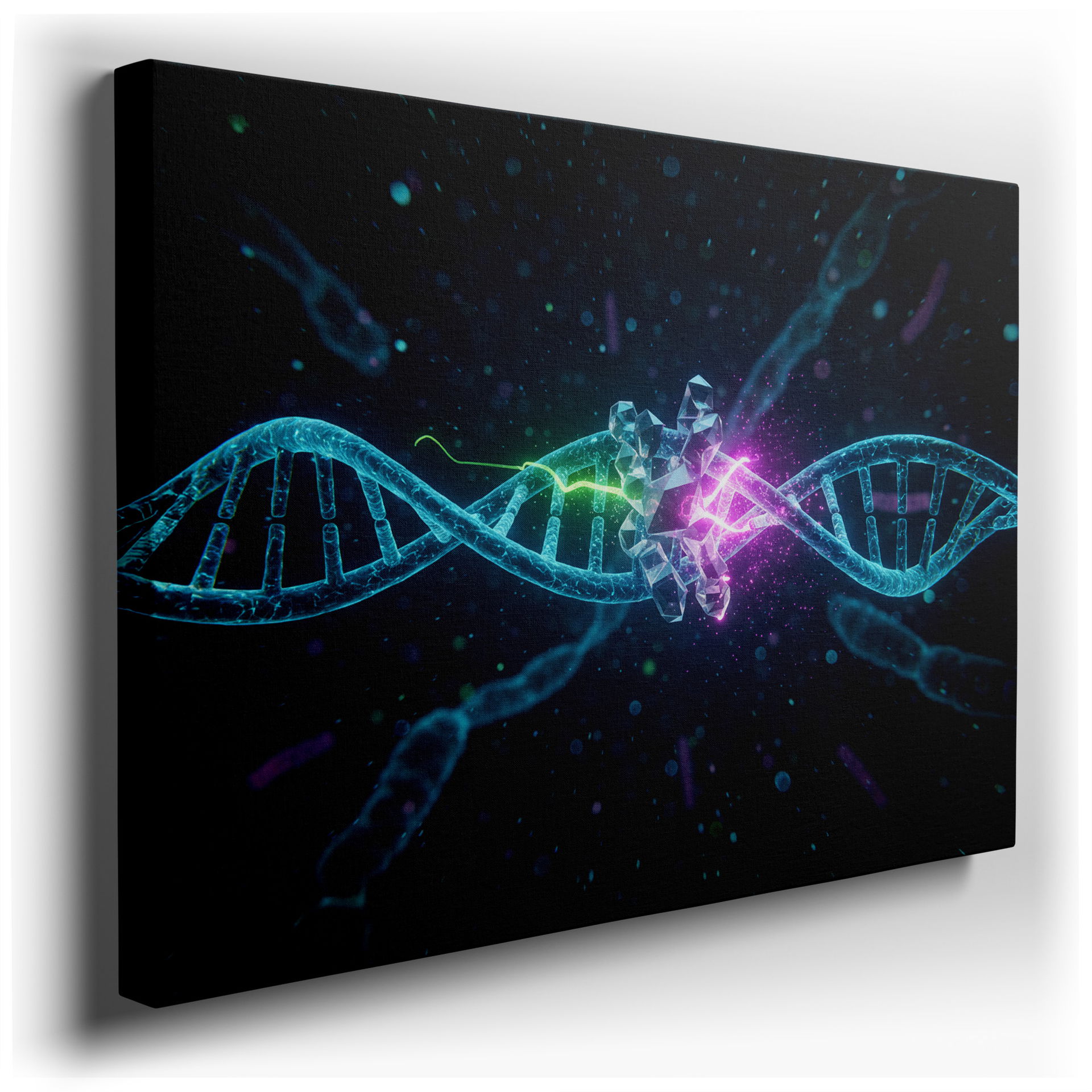 A Wrapped Canvas featuring a glowing DNA molecule being disrupted by a crystalline structure in vibrant pinks and greens.