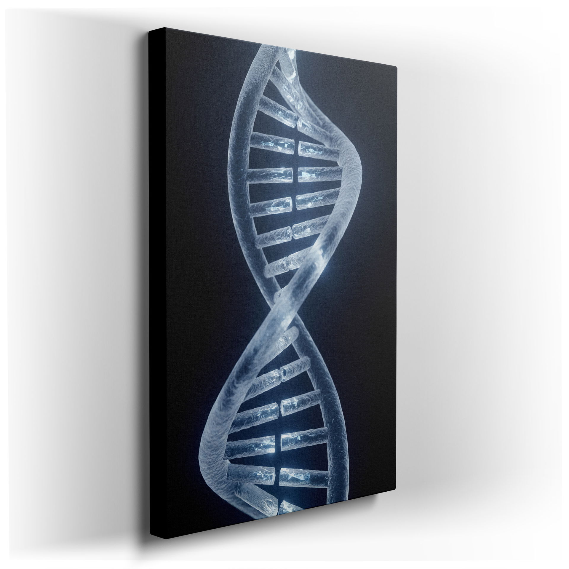 Close-up of a softly illuminated, translucent DNA double helix against a dark background, rendered as elegant wall art.
