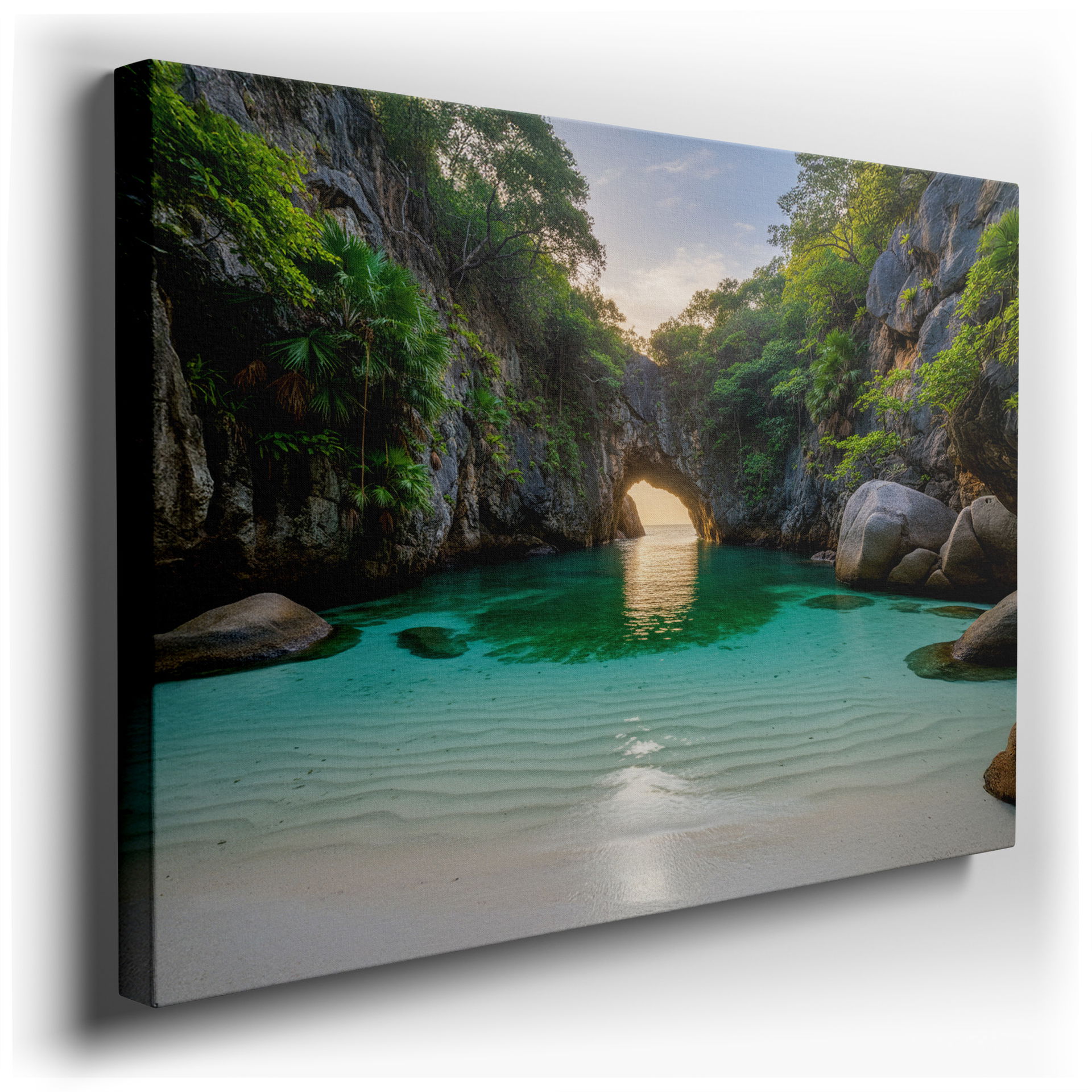 Turquoise water meets rocky cliffs in this vibrant beach wall art, perfect for adding a coastal touch.