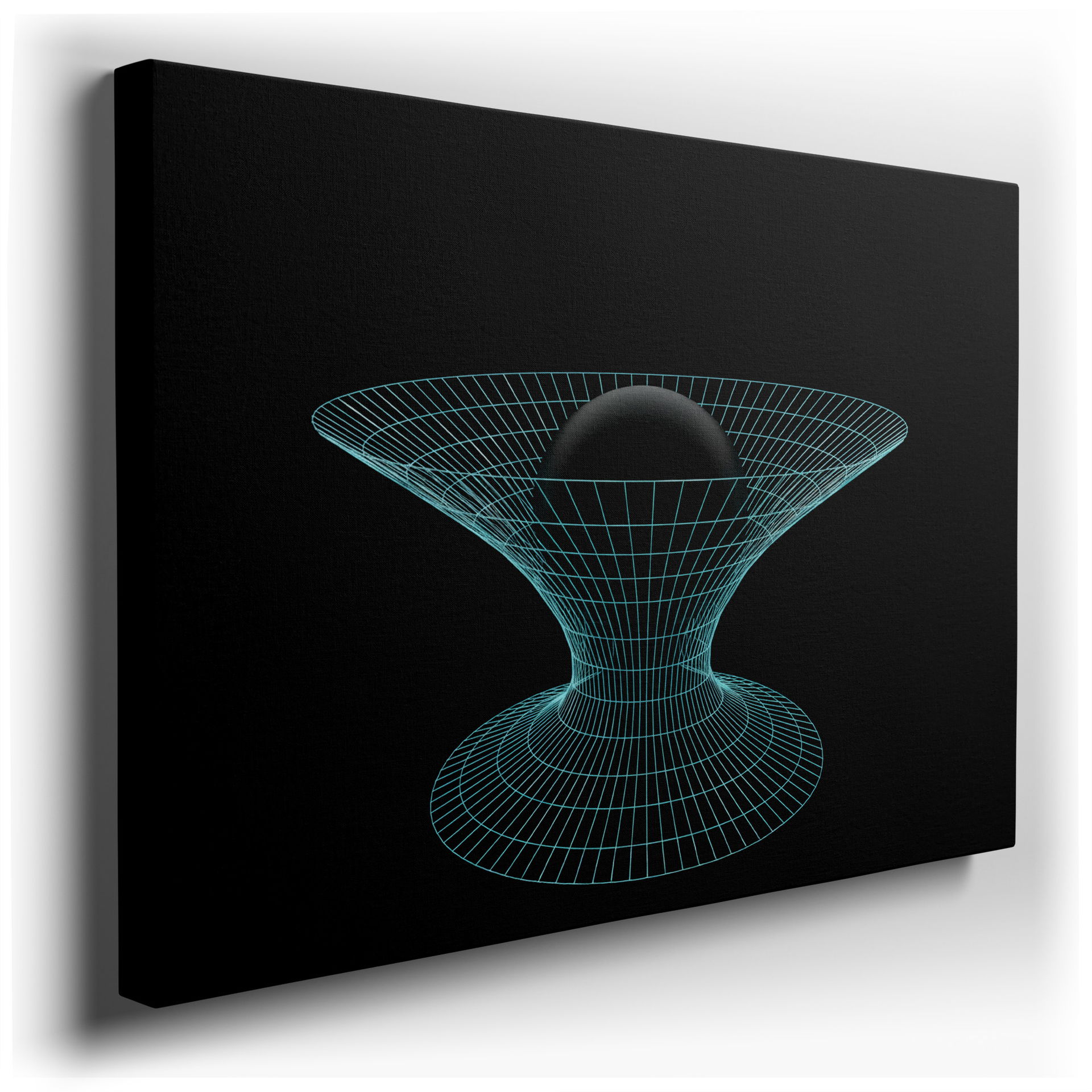 Abstract geometric wall art showcasing a black sphere within a blue wireframe, adding modern flair to your wall decor.