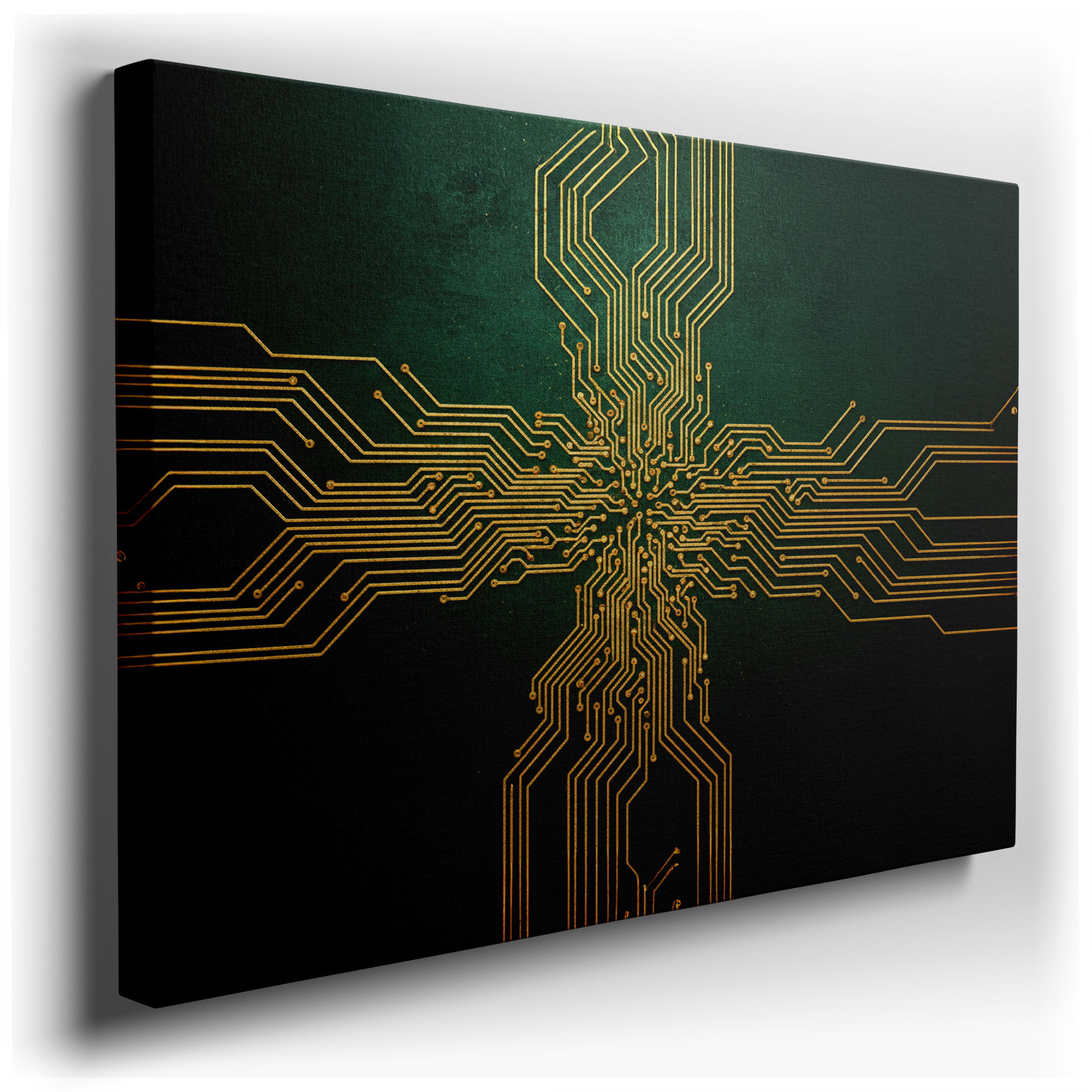 Abstract golden circuit board design showcased as striking wall art.
