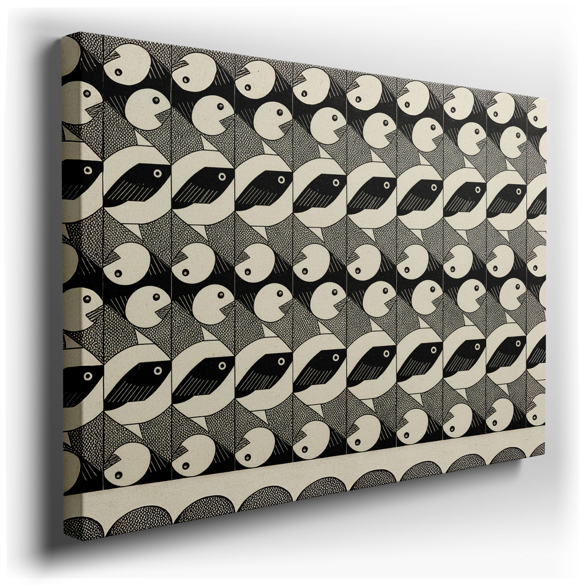 Stylized fish create a tessellated pattern on this captivating geometric wall art.