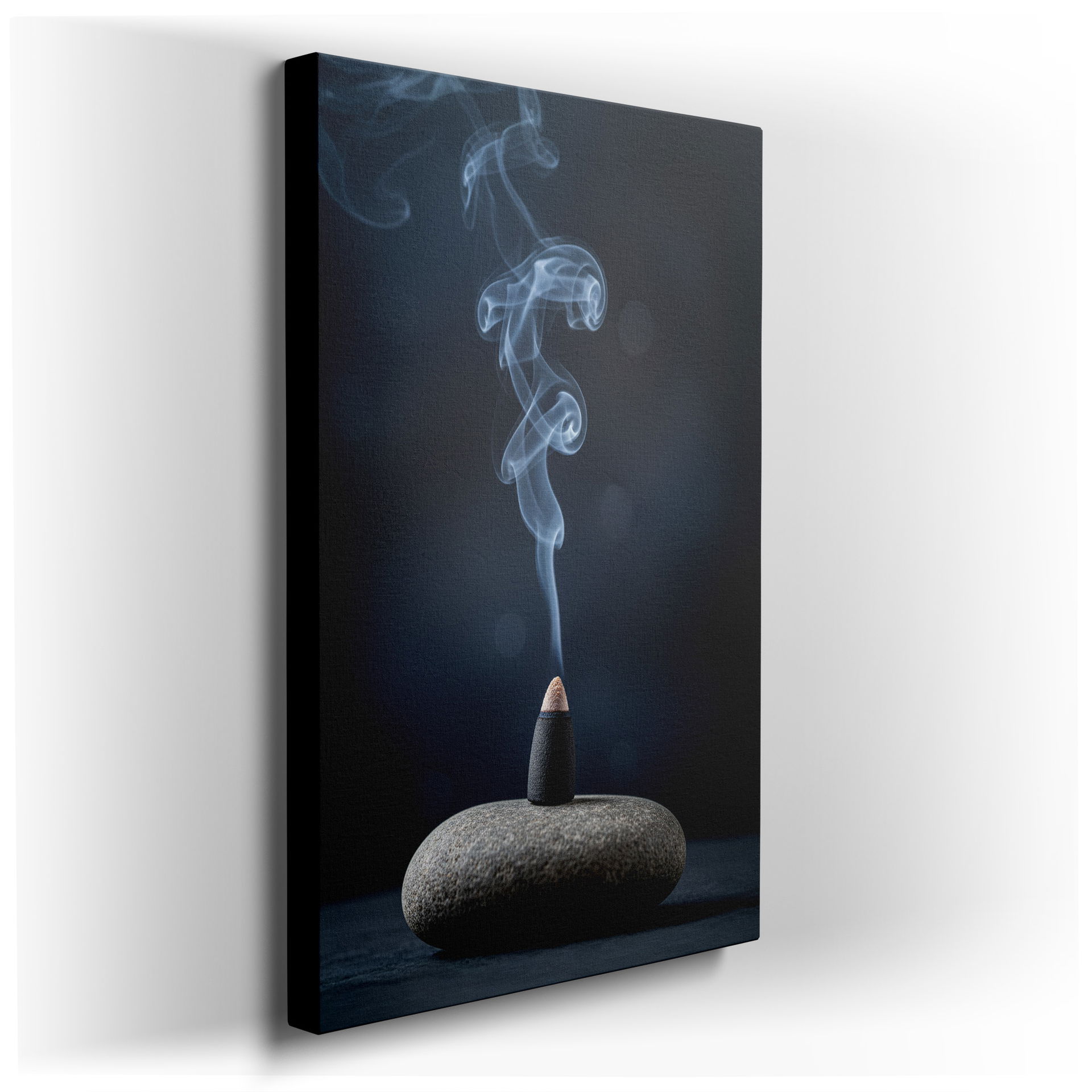 Elegant wall art of incense smoke rising from a cone on a smooth stone, creating a calming and serene atmosphere.