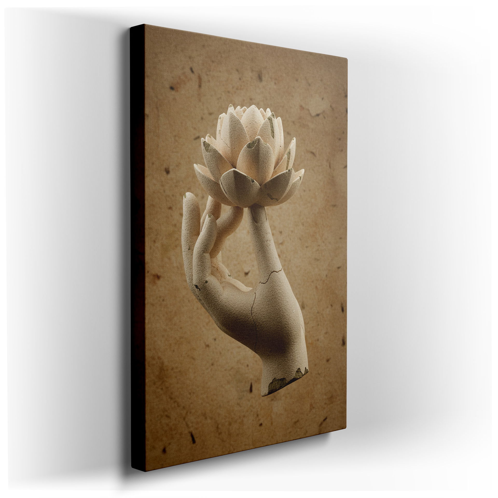 Stone hand artfully holds a lotus flower, creating calming, minimalist wall art.