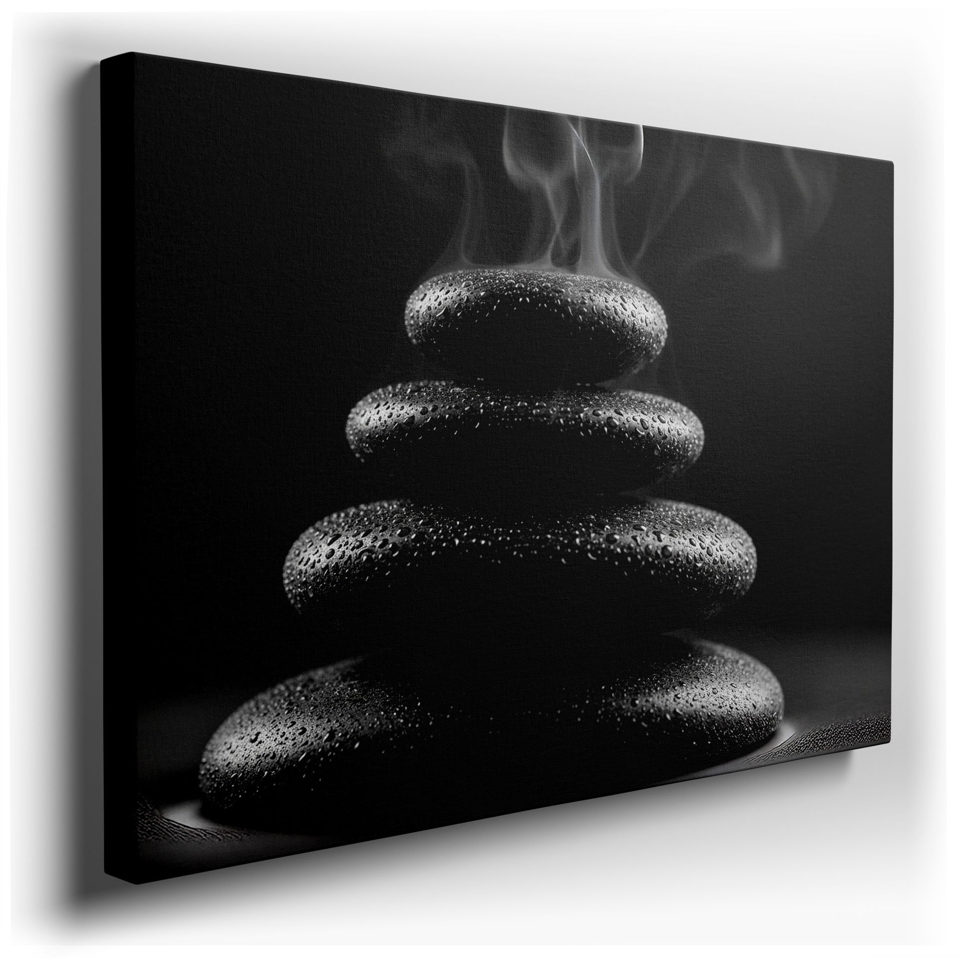 Zen stone stack wall art with soft smoke, perfect for a calming atmosphere.