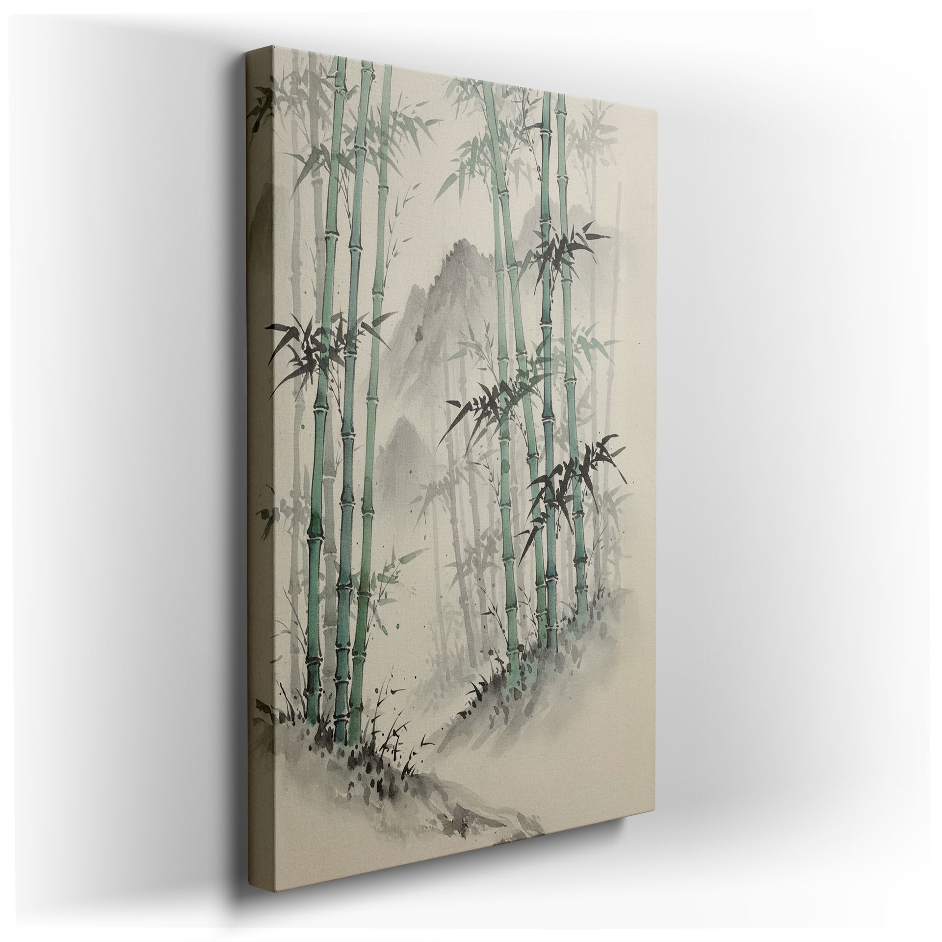 Watercolor wall art: Bamboo forest with misty mountains. Asian-inspired wall decor for a tranquil room.