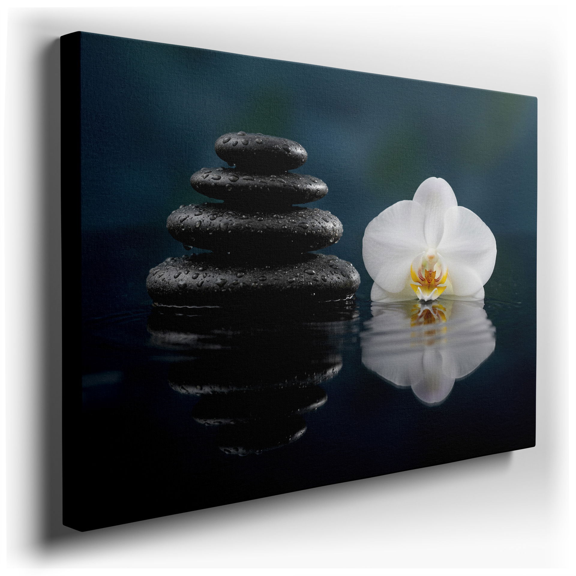 Zen stones and orchid wall art promoting relaxation and mindfulness.
