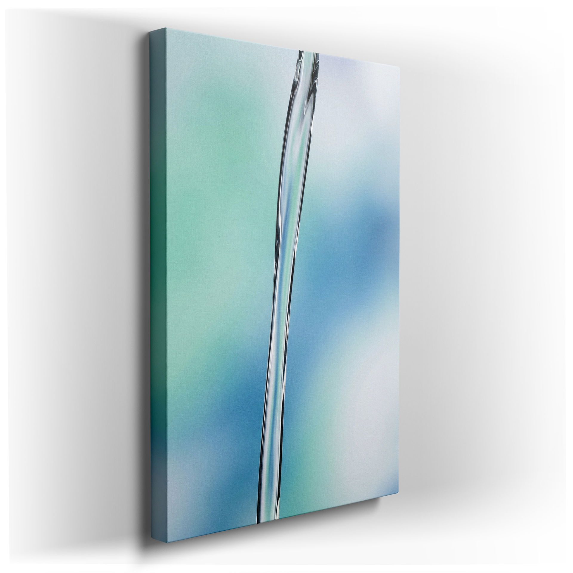 Abstract wall art showcasing a clear water stream with a soft, blurred backdrop; ideal as a calming wall decor piece.