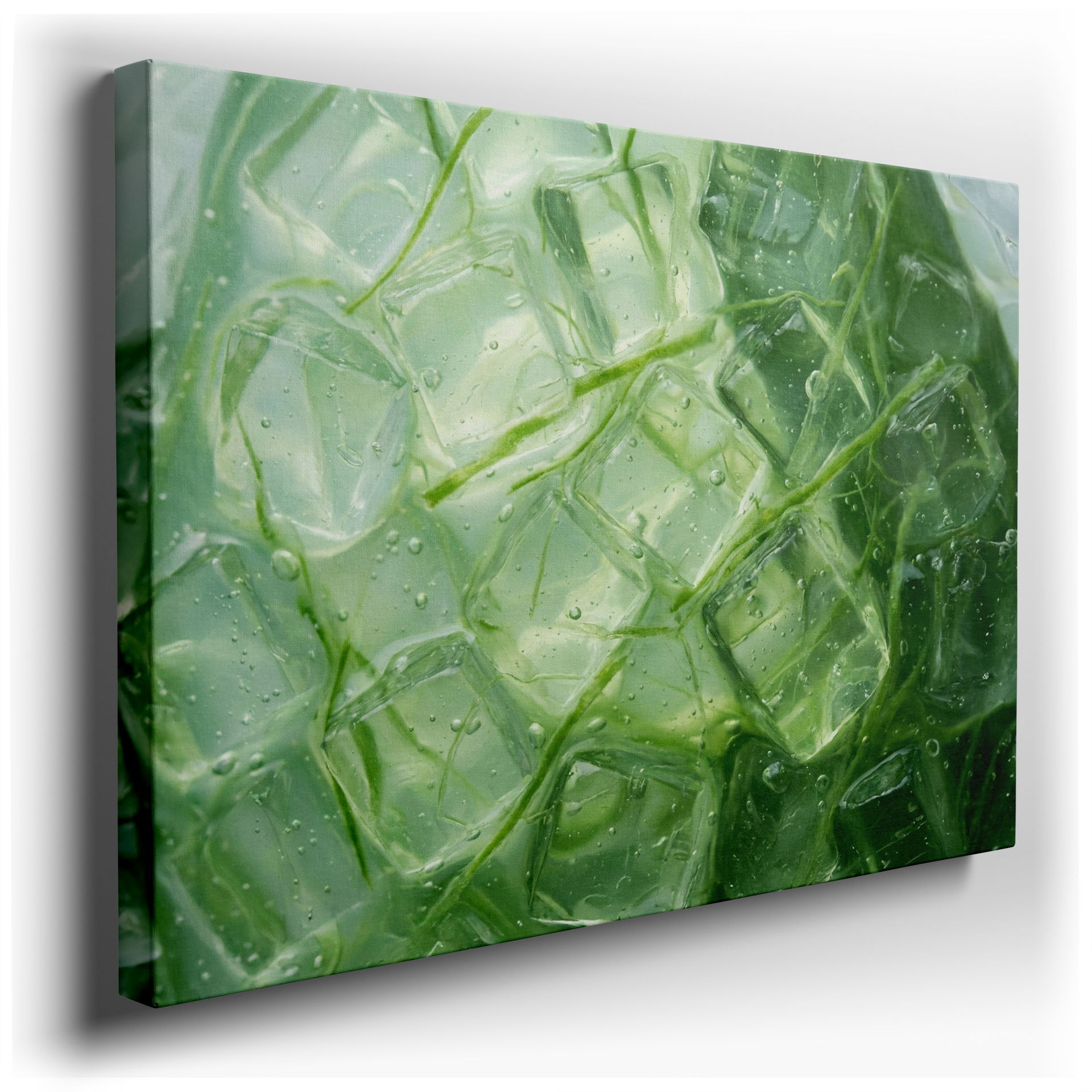 Abstract wall art displaying a mosaic of clear ice formations intertwined with lively green sprigs, a refreshing modern piece.