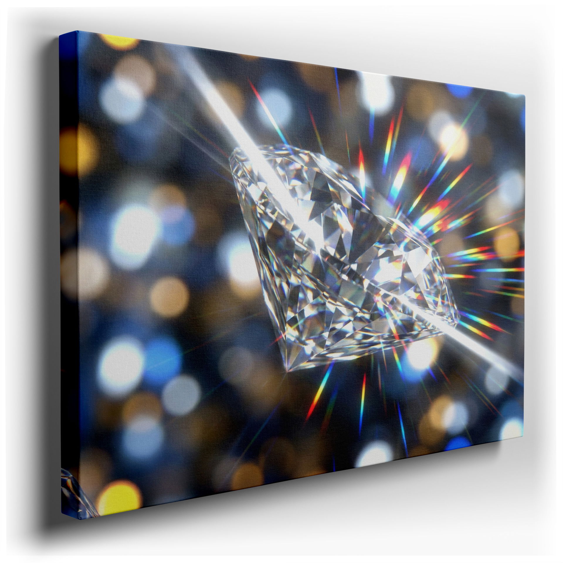 Detailed wall art of a sparkling diamond refracting light into a spectrum of vibrant colors.