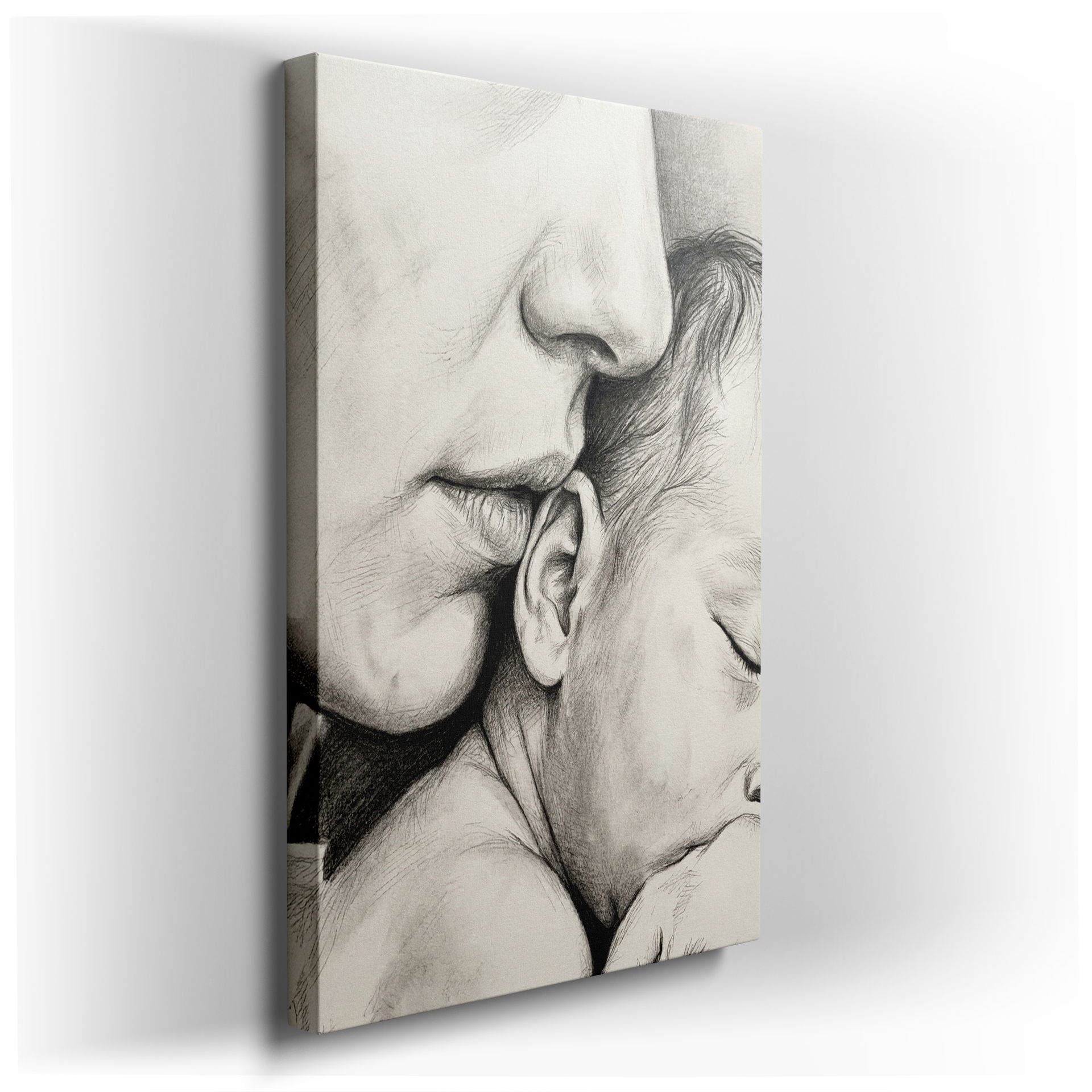 Intricate wall art: Pencil drawing of a mother gently kissing her sleeping baby's head.