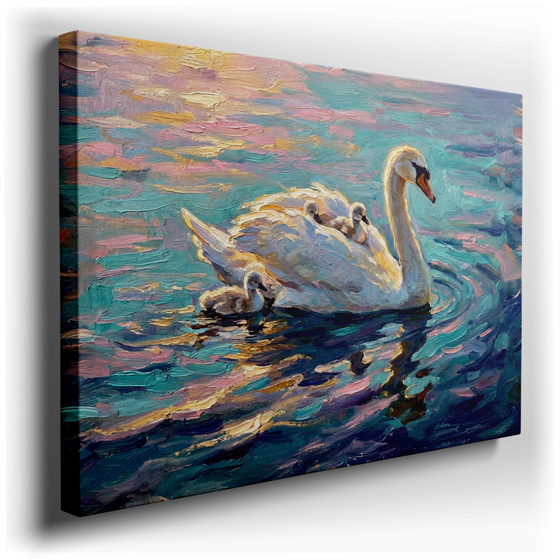Impressionistic painting of a swan with cygnets on water, reflecting soft light. Beautiful wall art.