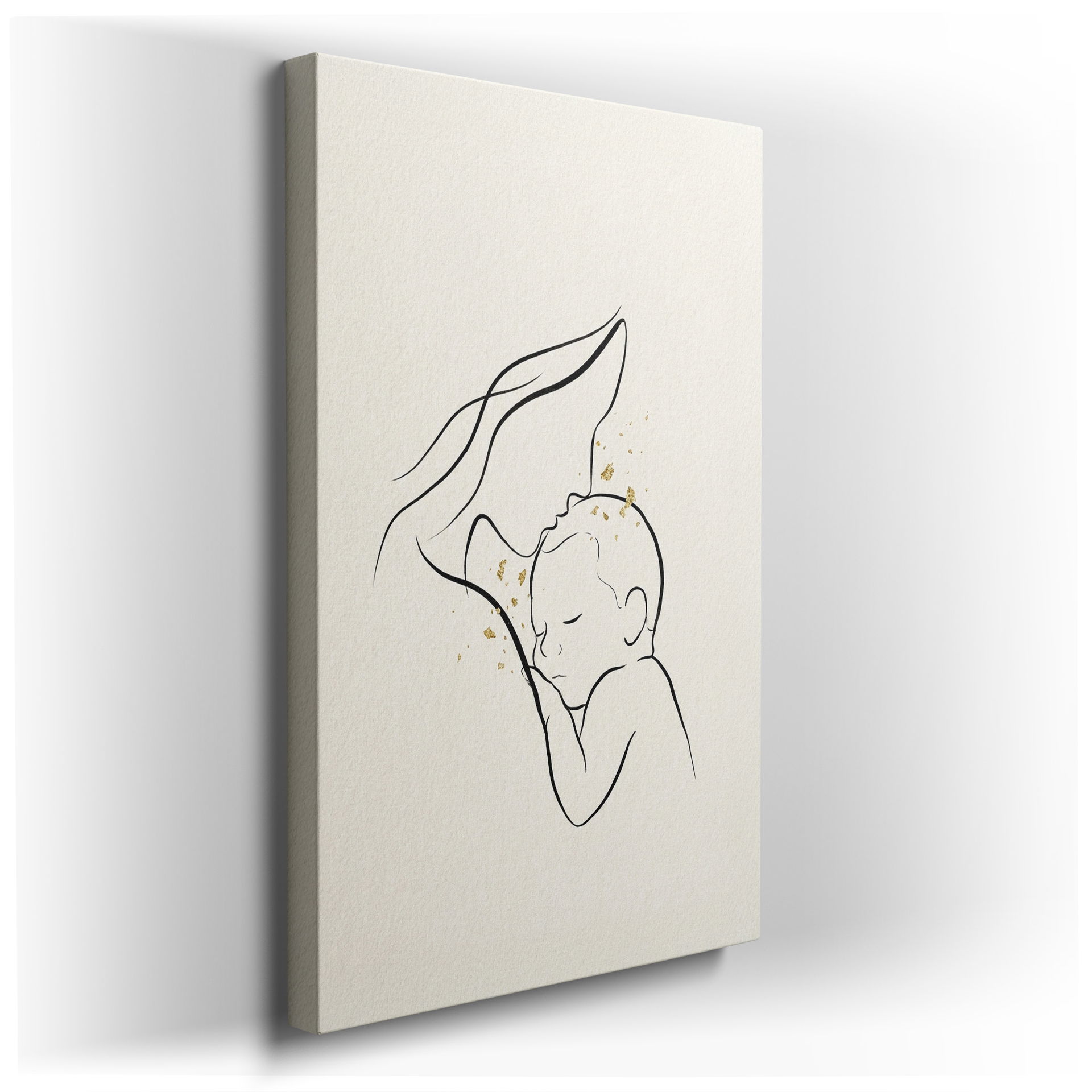 Minimalist line art depicting a mother and child, a touching wall art piece with subtle gold detailing.