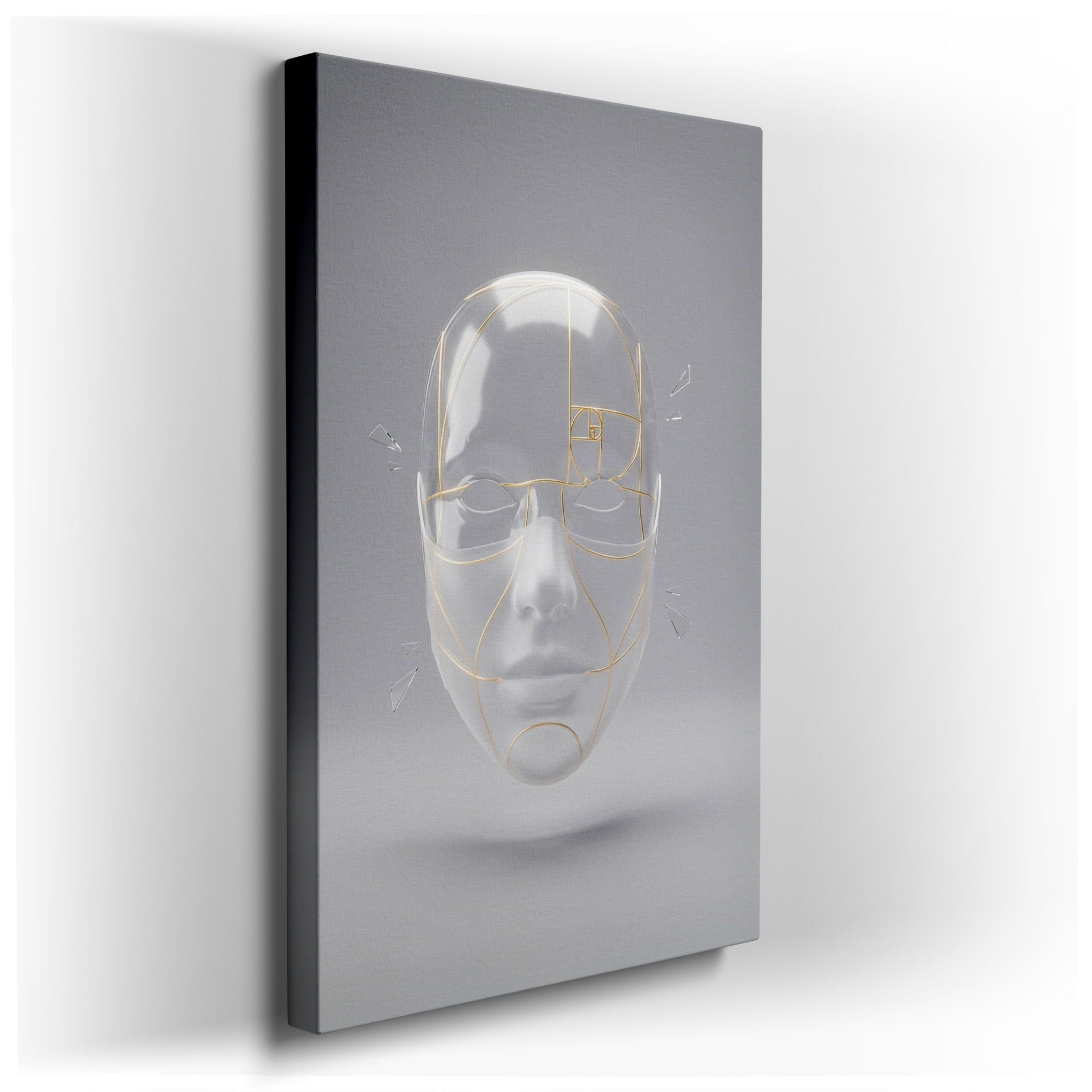 Abstract wall art featuring a translucent mask with golden ratio lines, a modern design element.