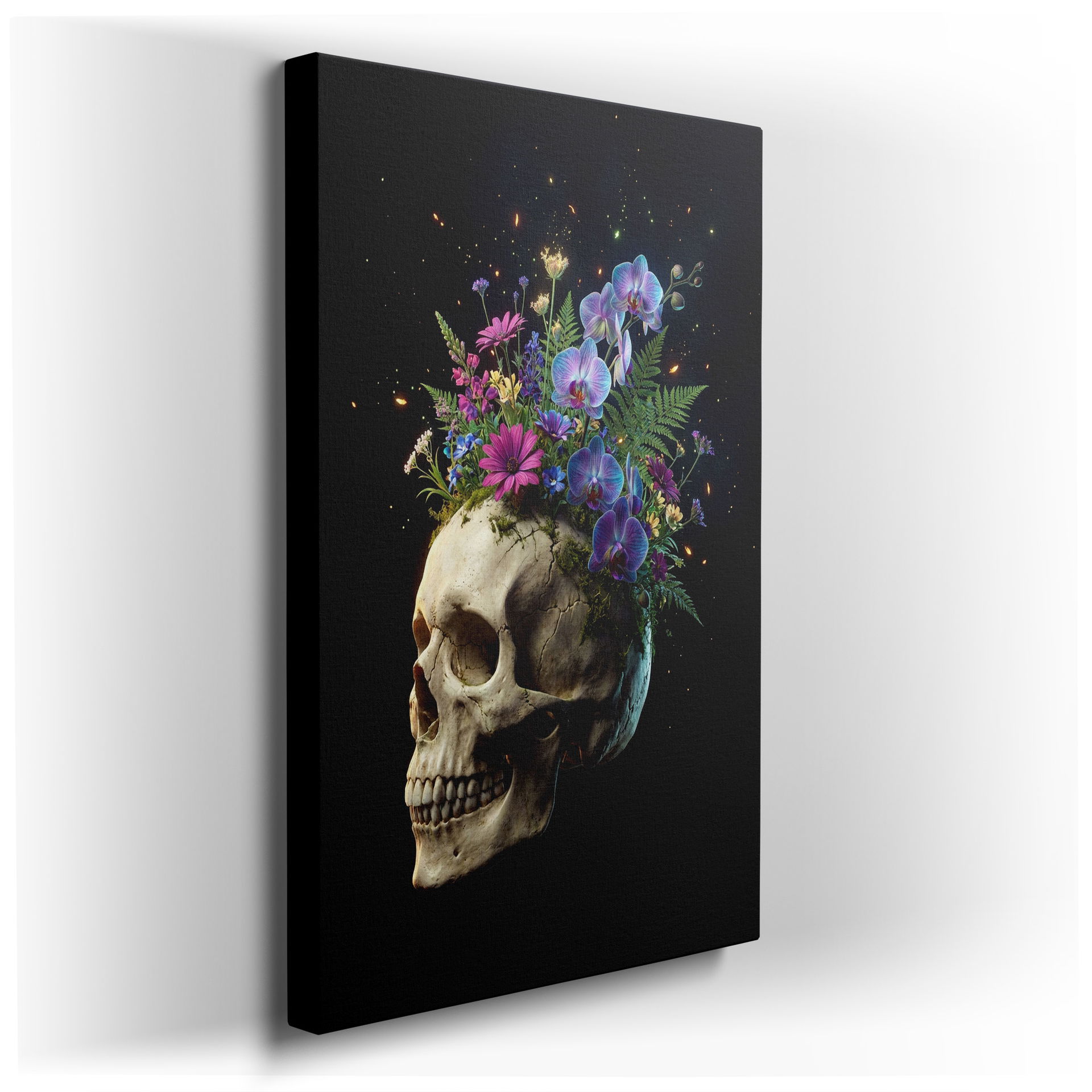 Detailed wall art: skull adorned with vibrant orchids and foliage against a dark background. Gothic wall decor.