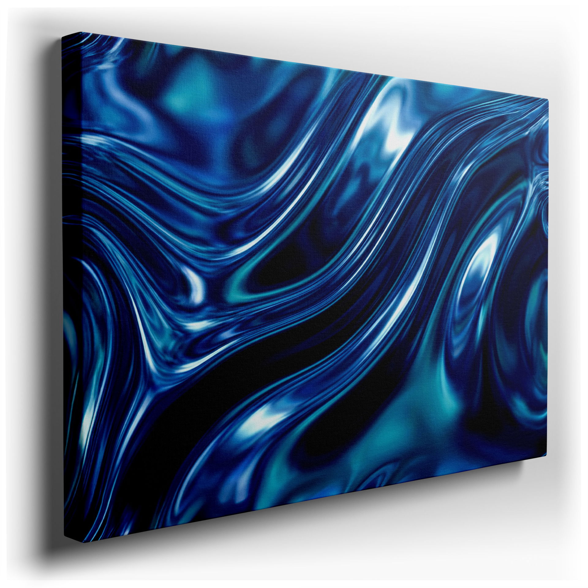 A dynamic abstract wall art featuring flowing liquid textures in shades of blue and white.