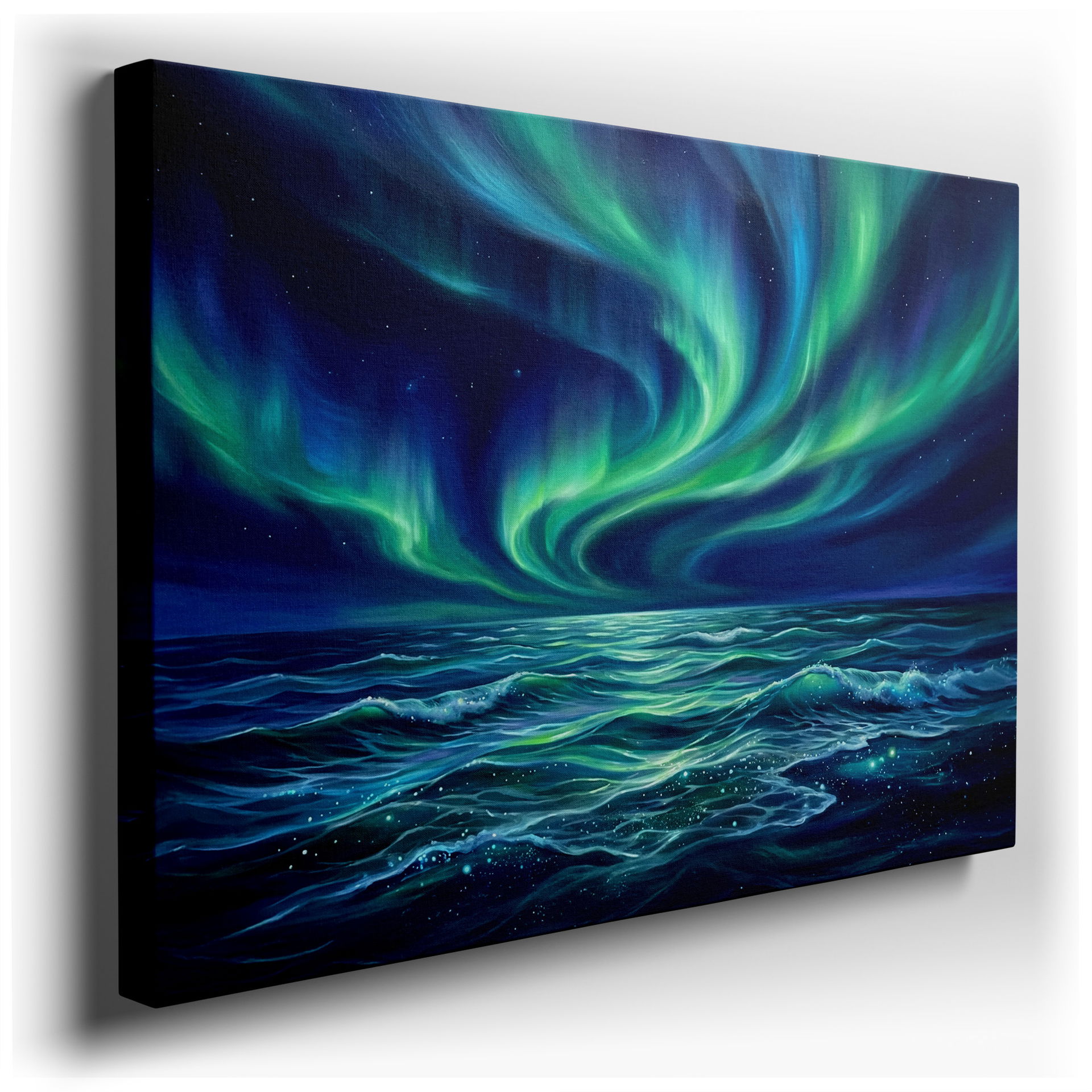 Vibrant wall art showcasing the aurora borealis above a tranquil ocean, a captivating piece of wall decor.