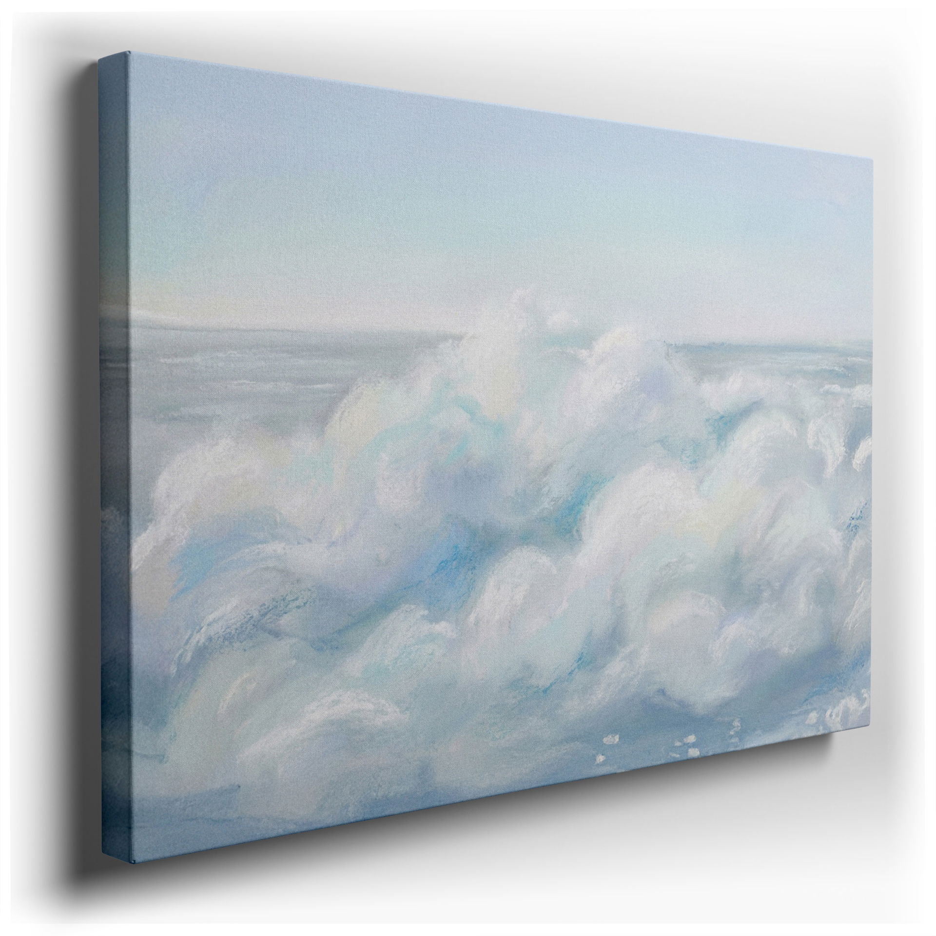 A calming seascape wall art depicting a gentle ocean wave in soft pastel blues and whites.