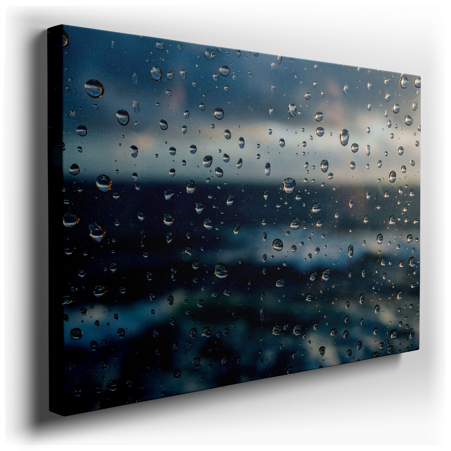 Close-up wall art of rain drops on a window, creating an abstract, blurred view of the outside world as serene wall decor.