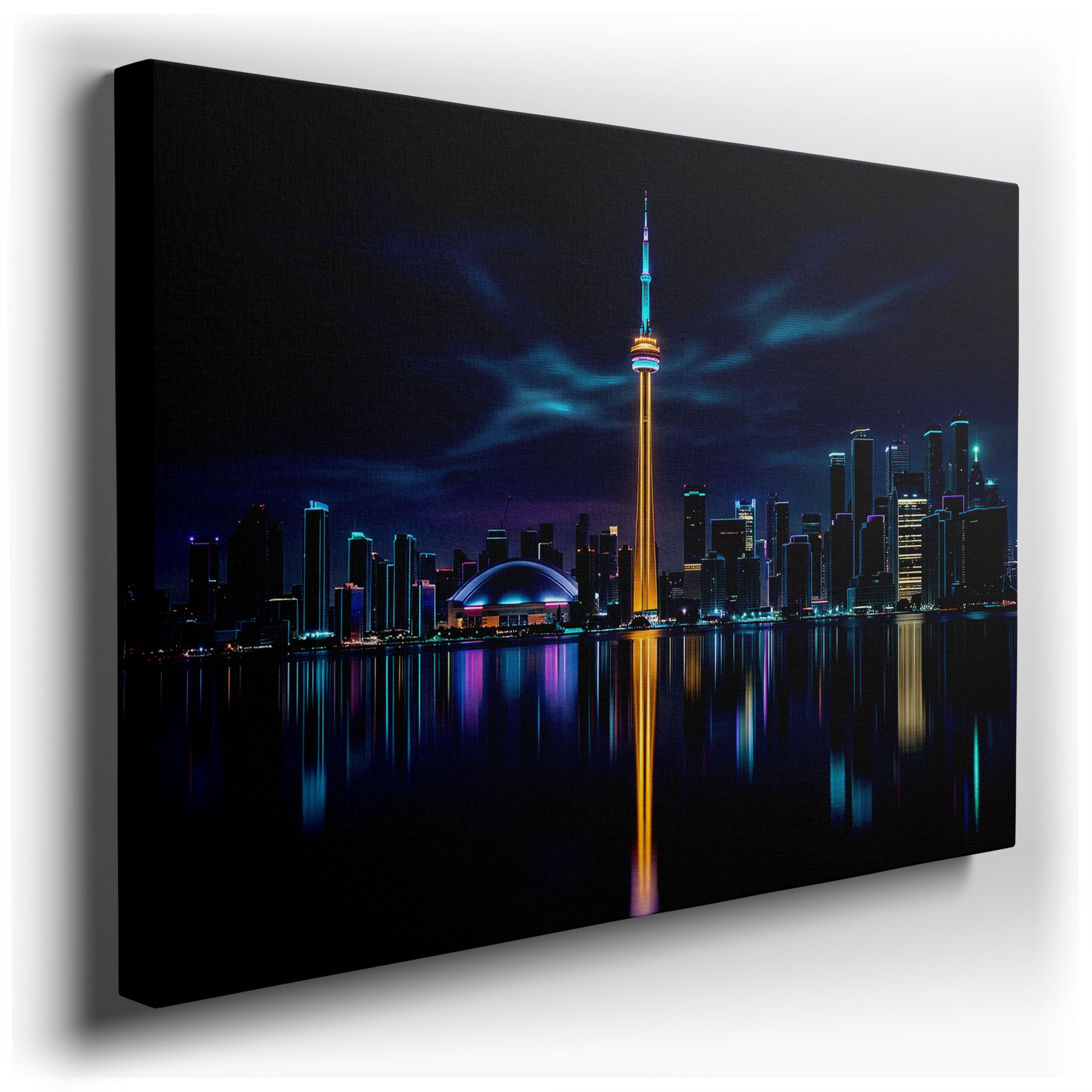 Toronto skyline at night showcases the CN Tower and vibrant city lights on canvas wall art.