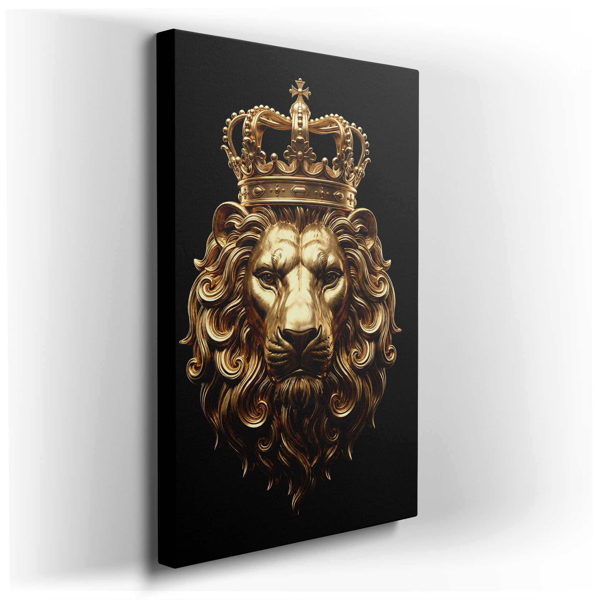 Detailed wall art of a golden lion wearing an ornate crown on a stark black background, creating a royal statement.