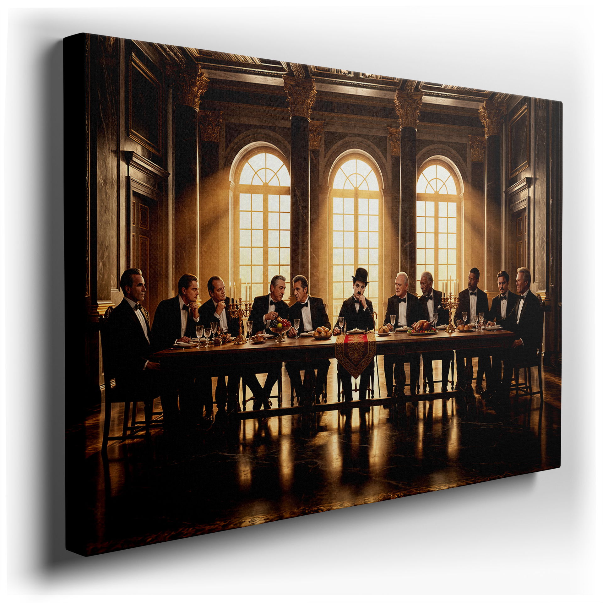 Iconic figures gather for a grand dinner captured as sophisticated wall art.