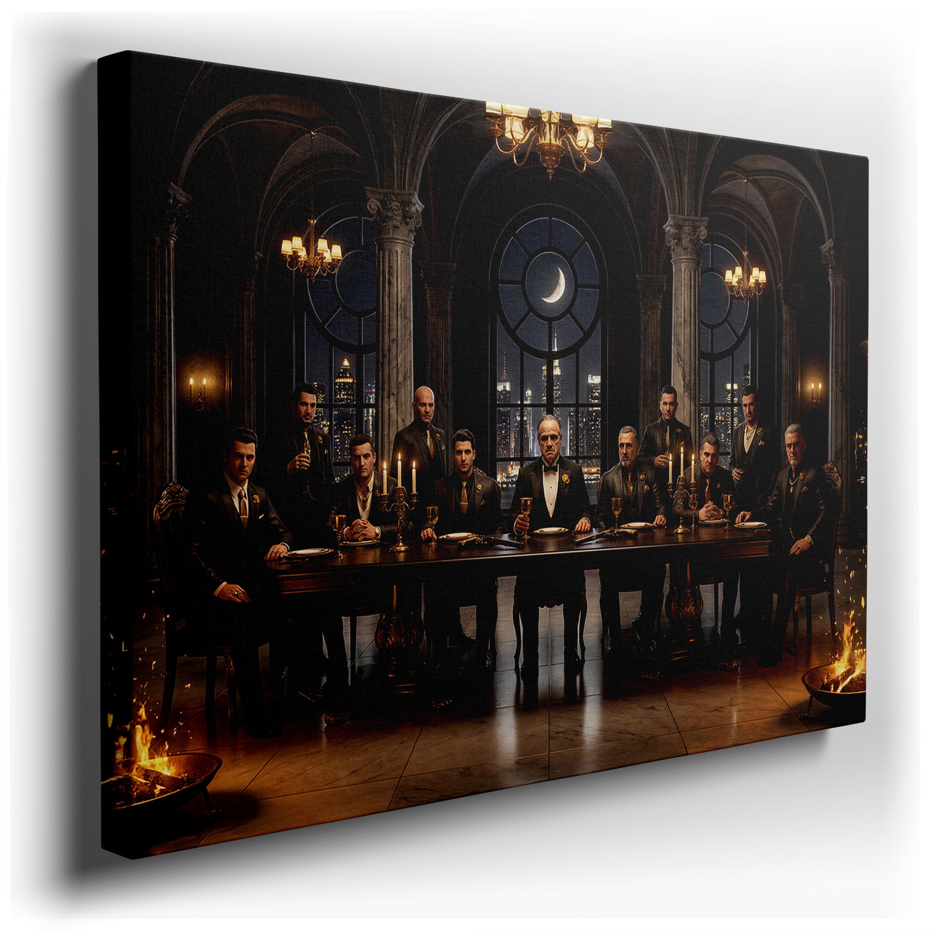 Dramatic canvas wall art: Mafia gathering around a grand table with a gothic cityscape and moonlit sky.