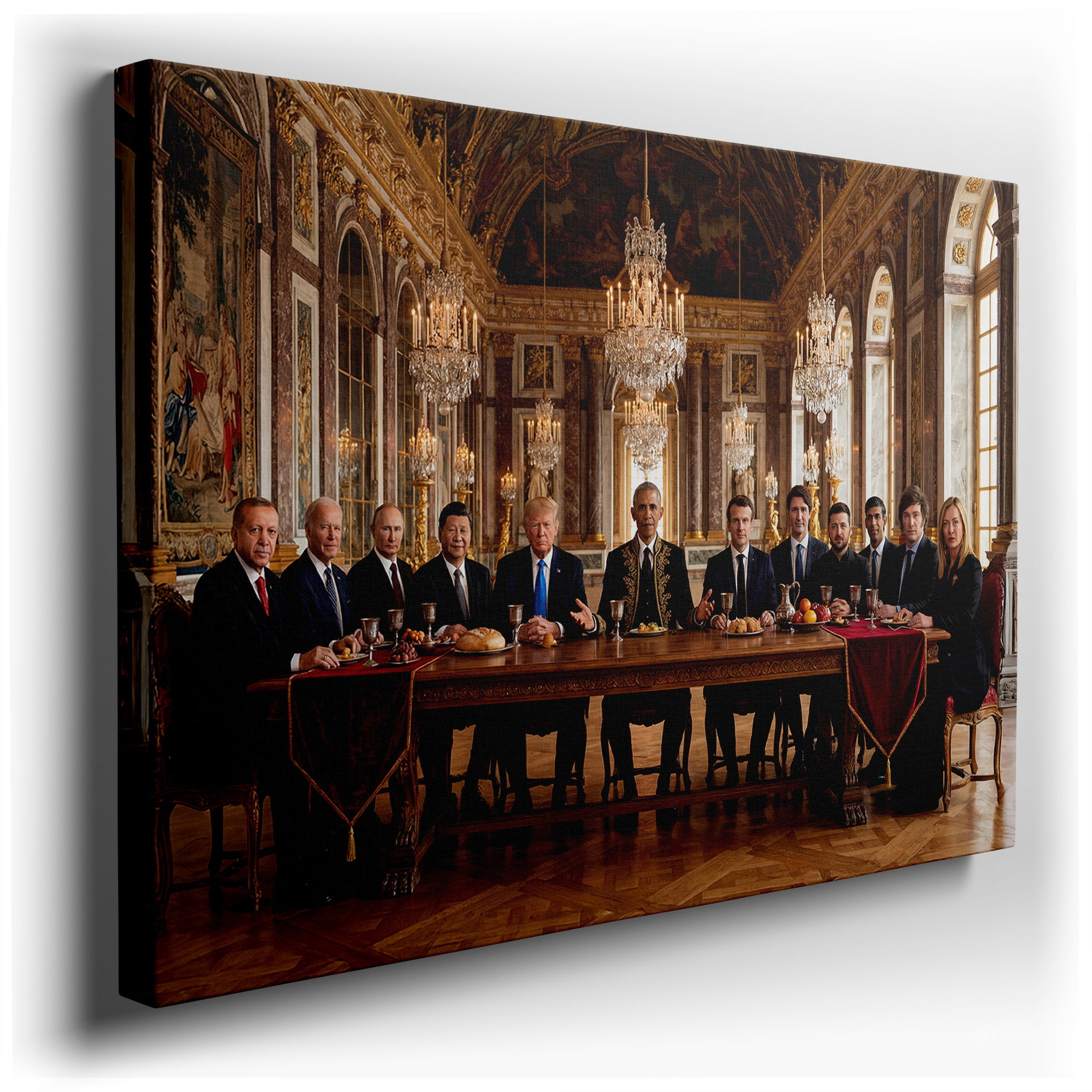 Global leaders at dinner displayed as museum-quality wall art.