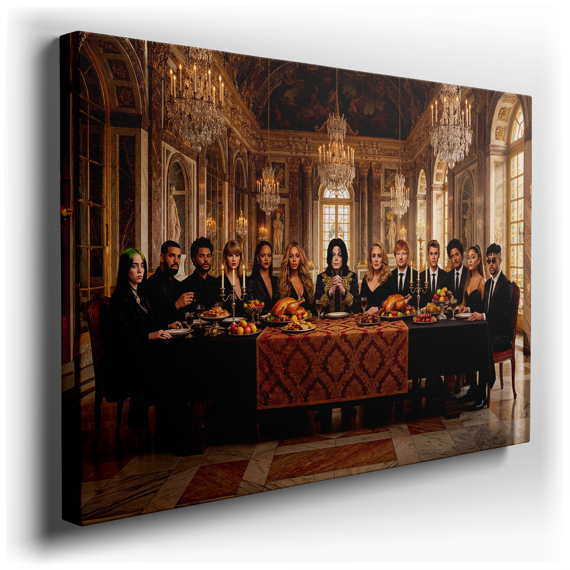 Detailed wall art print featuring music icons at a grand banquet.