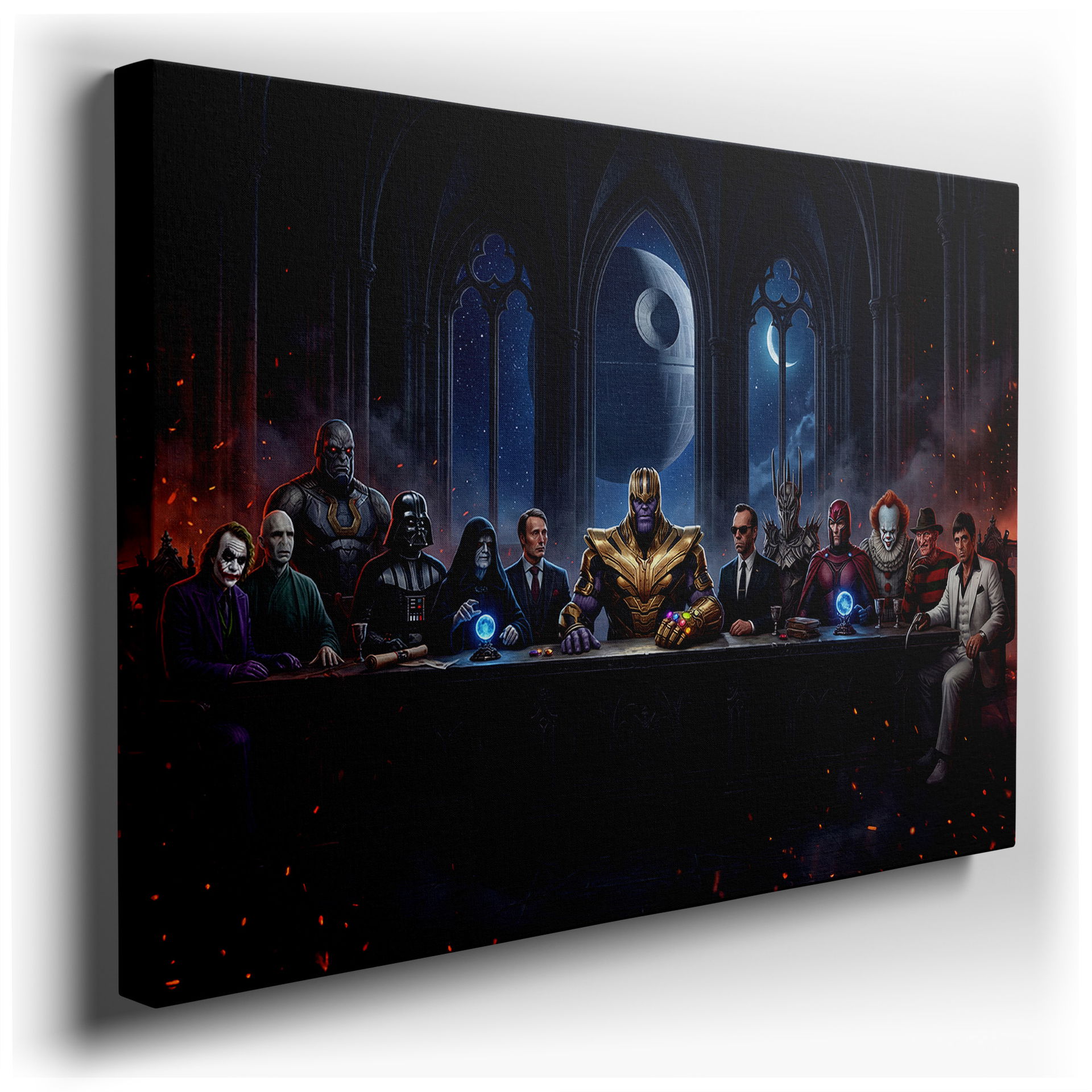 A gothic-inspired wall art piece showcasing cinematic villains gathered at a table, a unique addition to your wall decor.