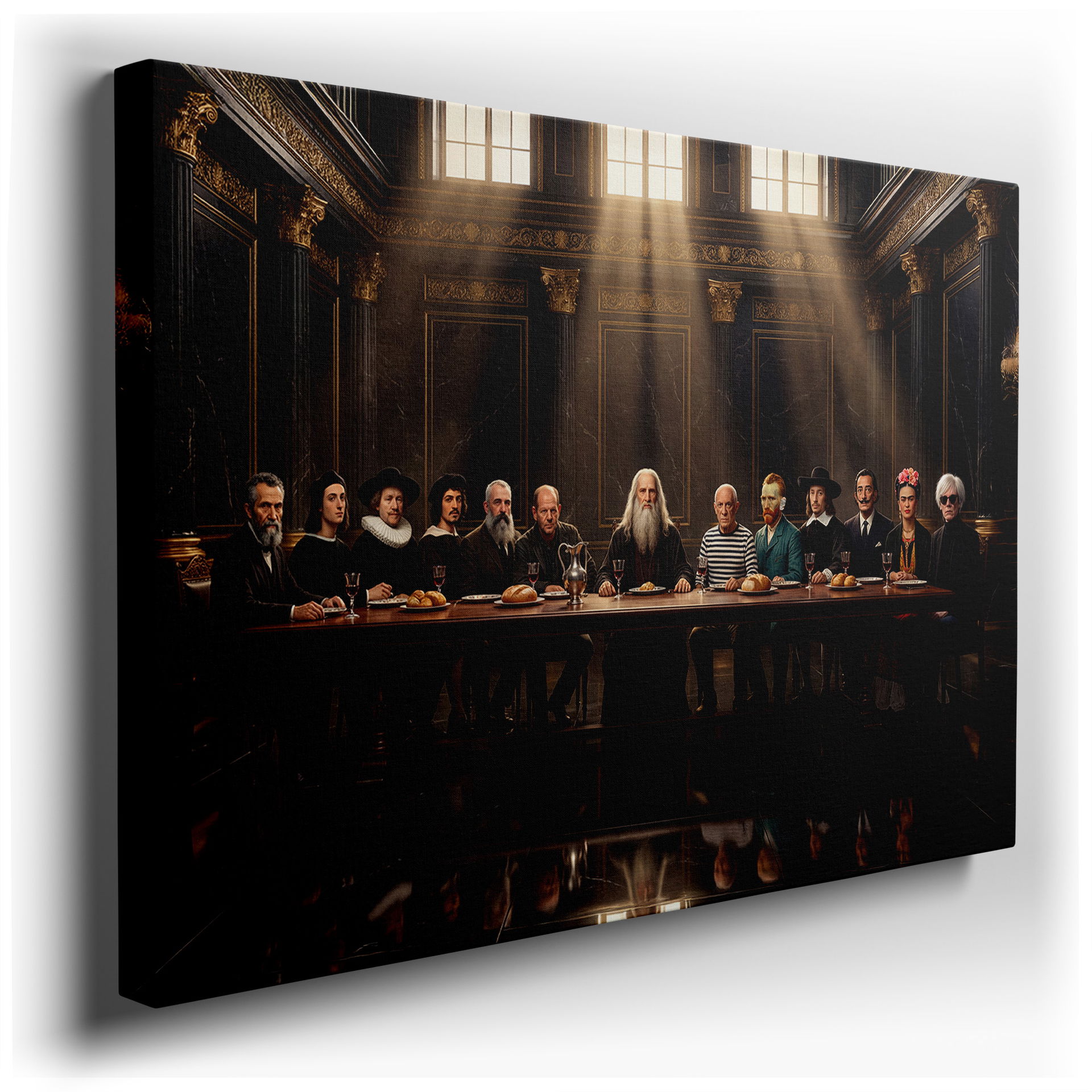 Canvas wall art showcasing famous artists at the Last Supper in a grand, marble-columned hall.