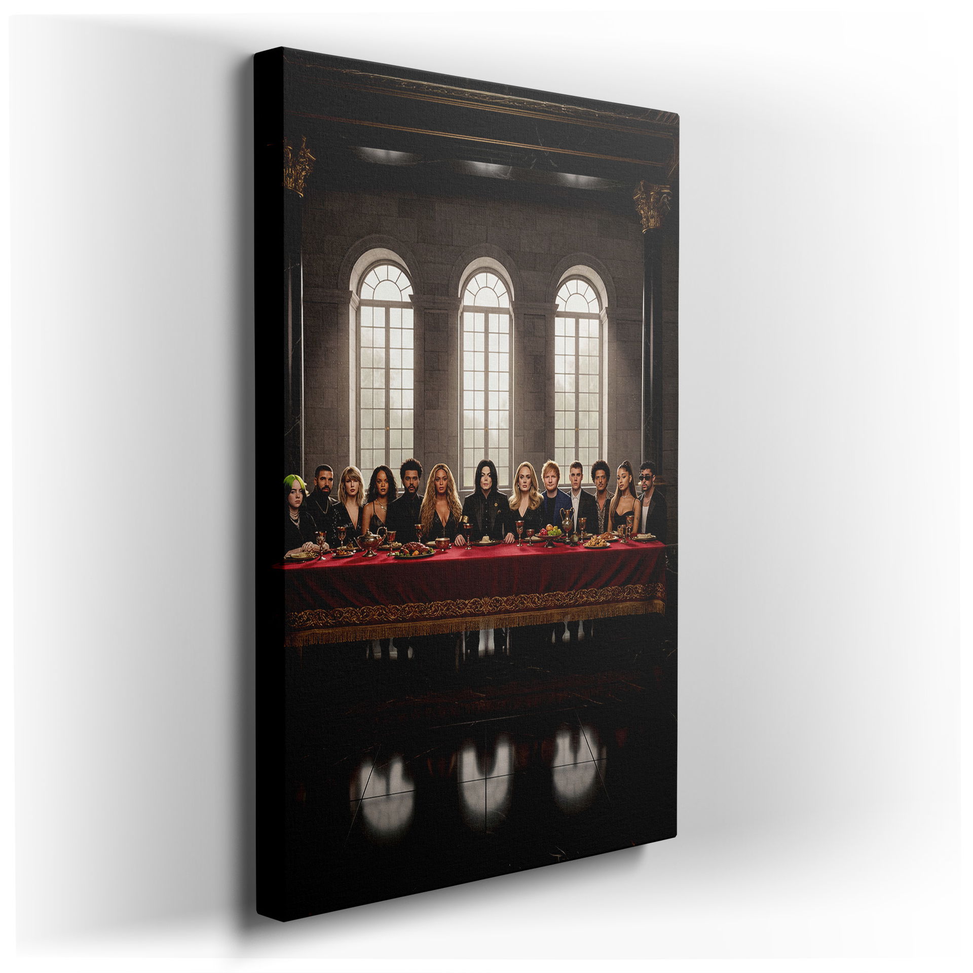 The Celebrity Last Supper wall art showcases iconic musicians in a reimagined classic scene for unique wall decor.