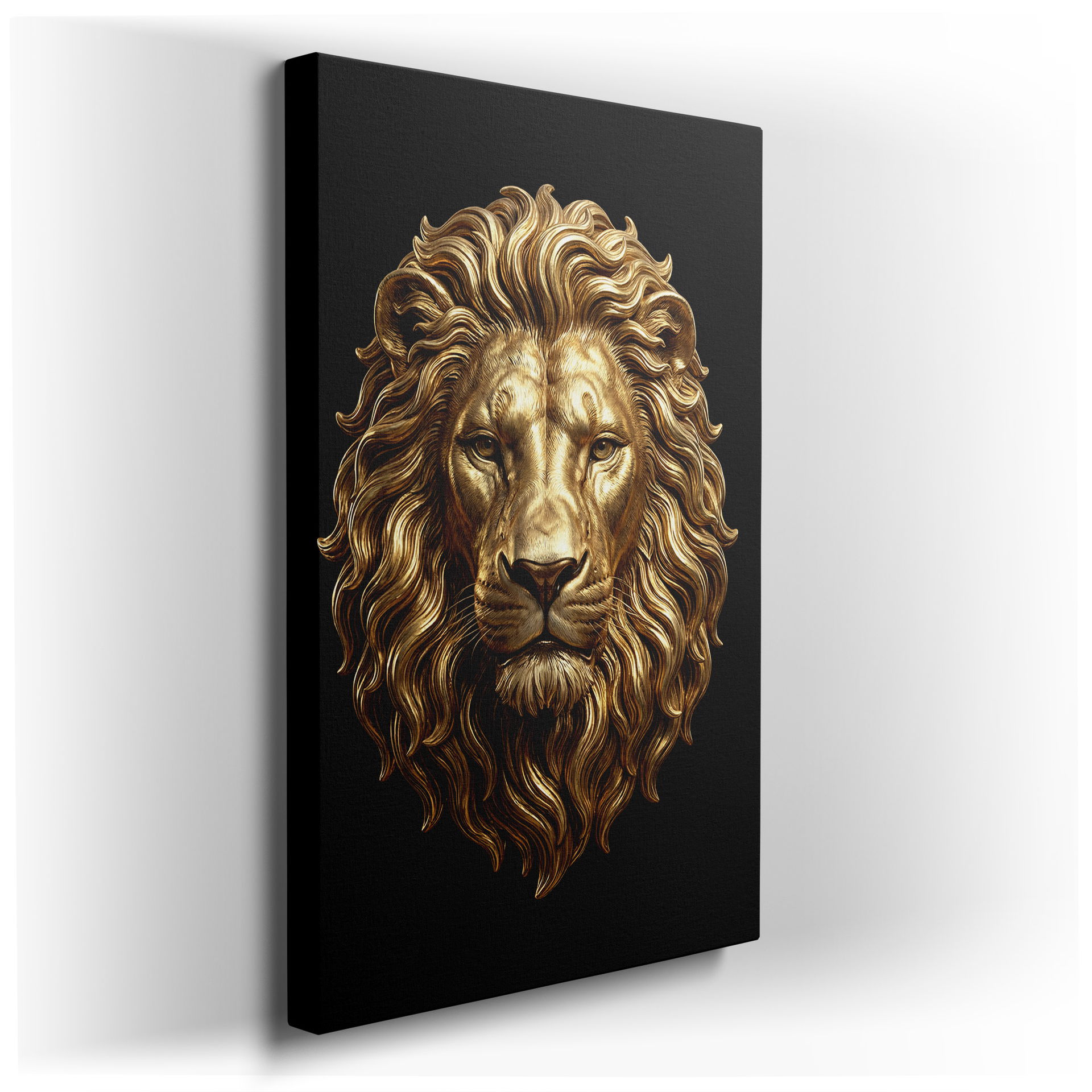 Detailed golden lion head wall art with a regal mane, set against a stark black backdrop.