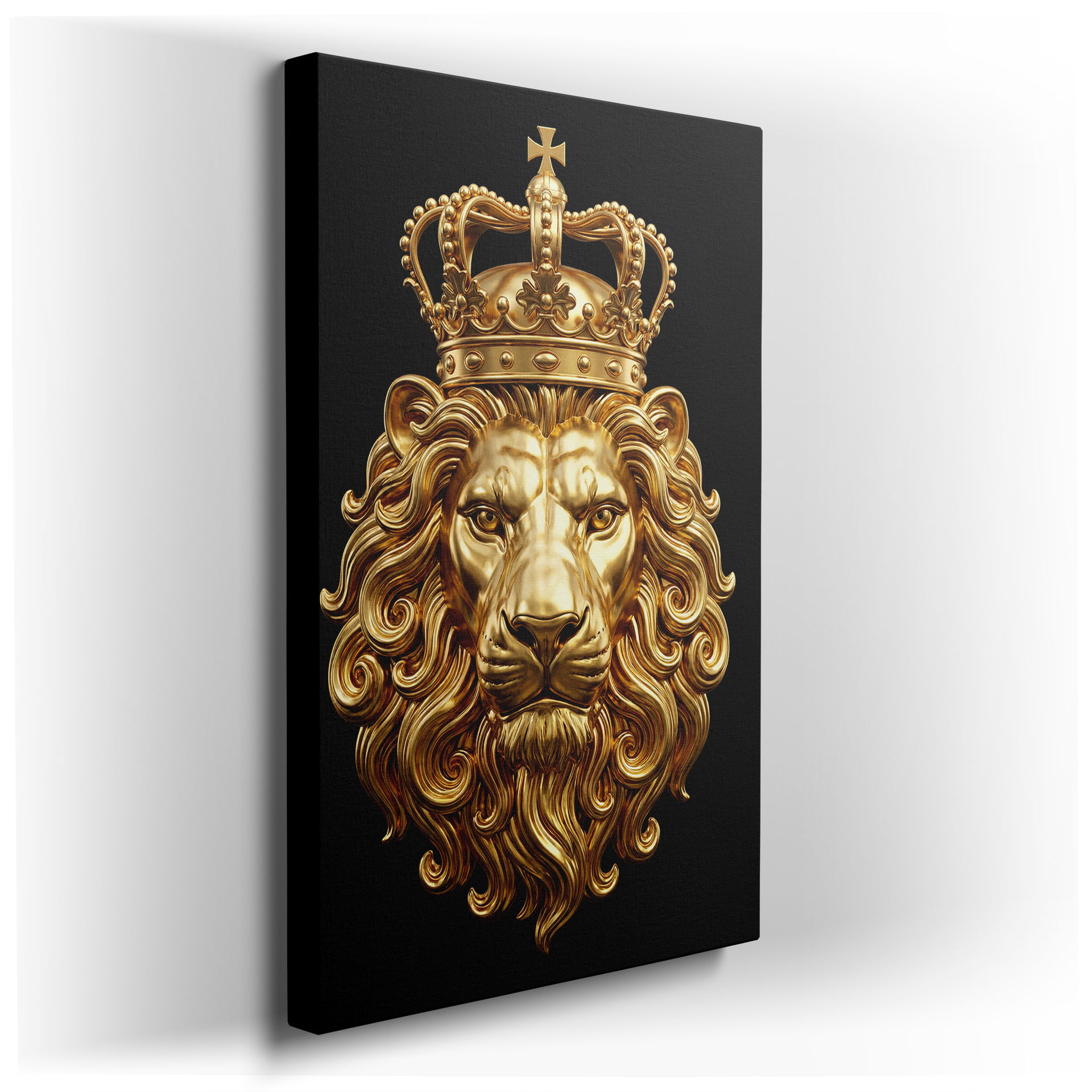 Detailed golden lion with crown wall art showcases a majestic animal. Perfect wall decor for any room.
