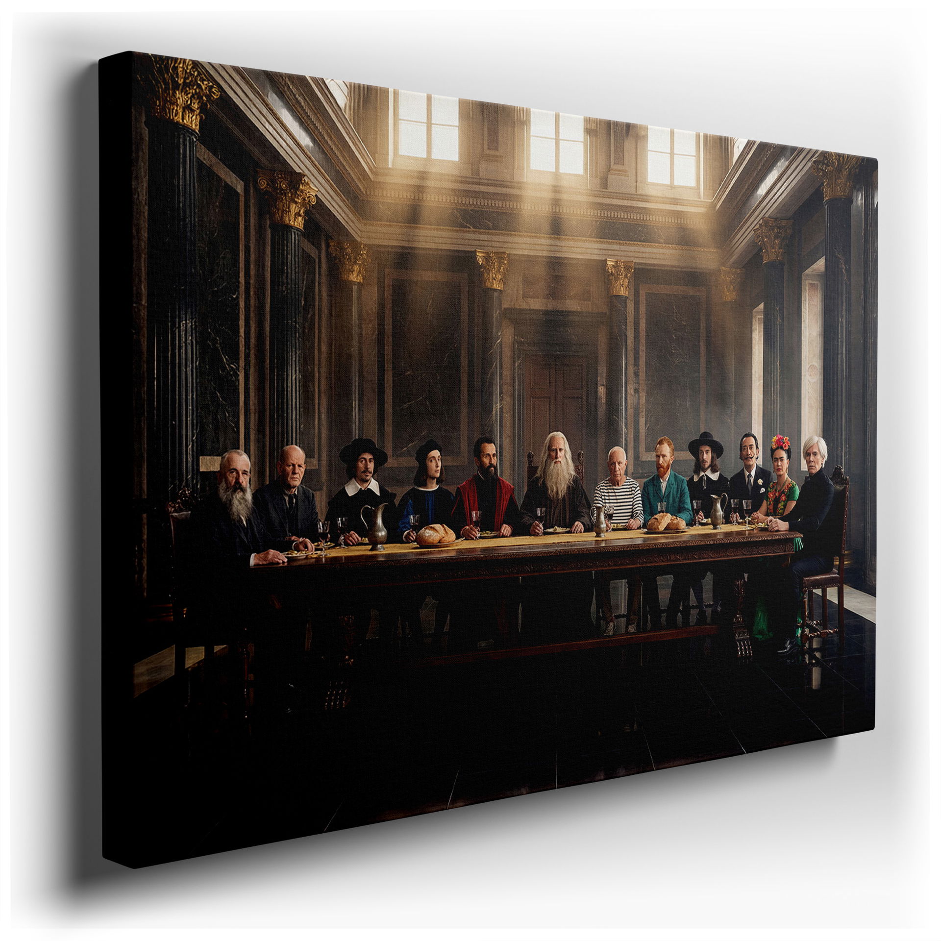 A canvas wall art piece featuring iconic artists reimagined at a modern-day Last Supper gathering.