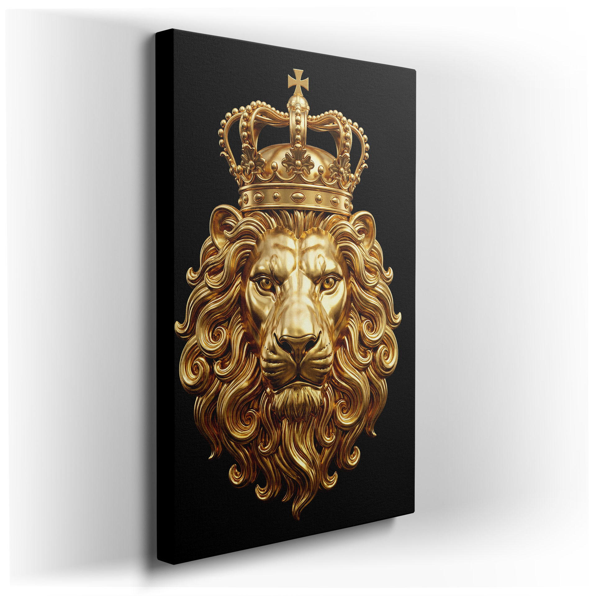 Detailed golden lion wearing a crown against a black backdrop, a striking piece of wall art.