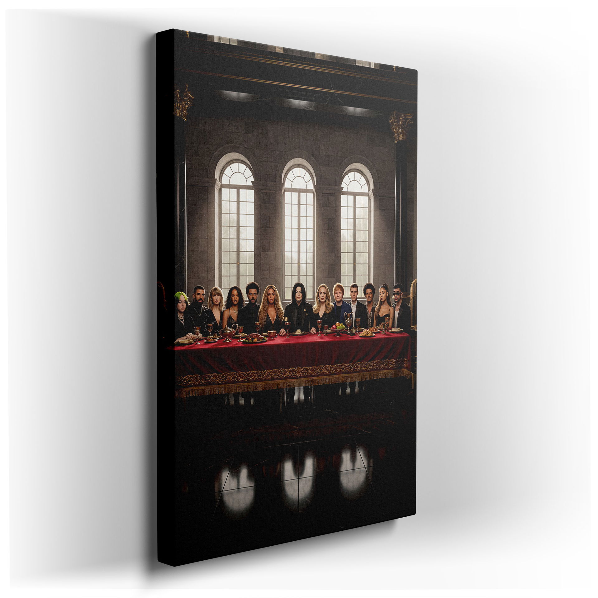 A canvas wall art shows modern pop stars at a long table, resembling The Last Supper scene.