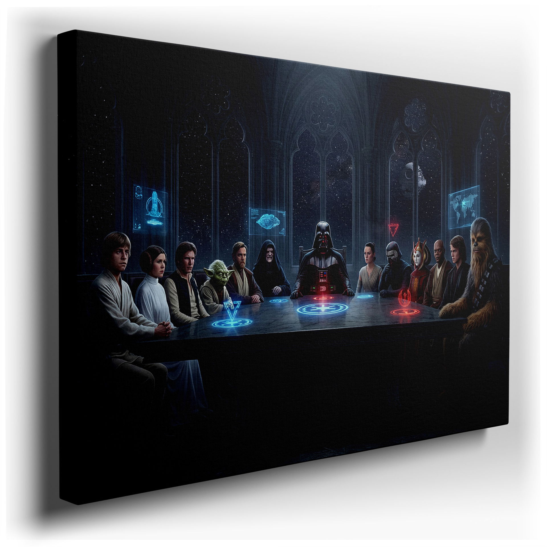 Star Wars council meeting wall art in a gothic setting featuring key heroes and villains in a strategic visual display.