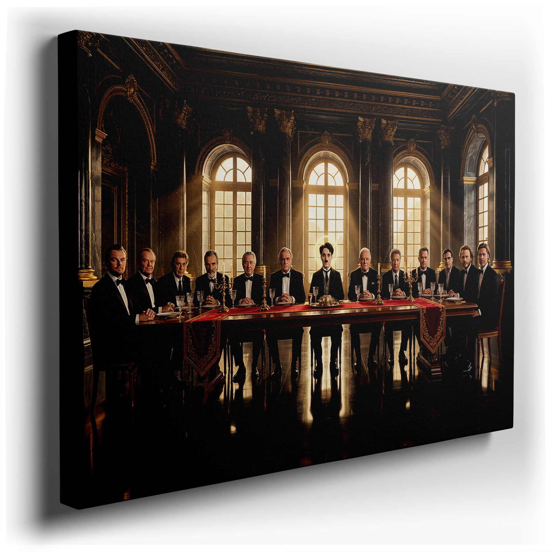 Elegant wall art shows famous actors dining in a grand hall, a sophisticated addition to any home wall decor style.