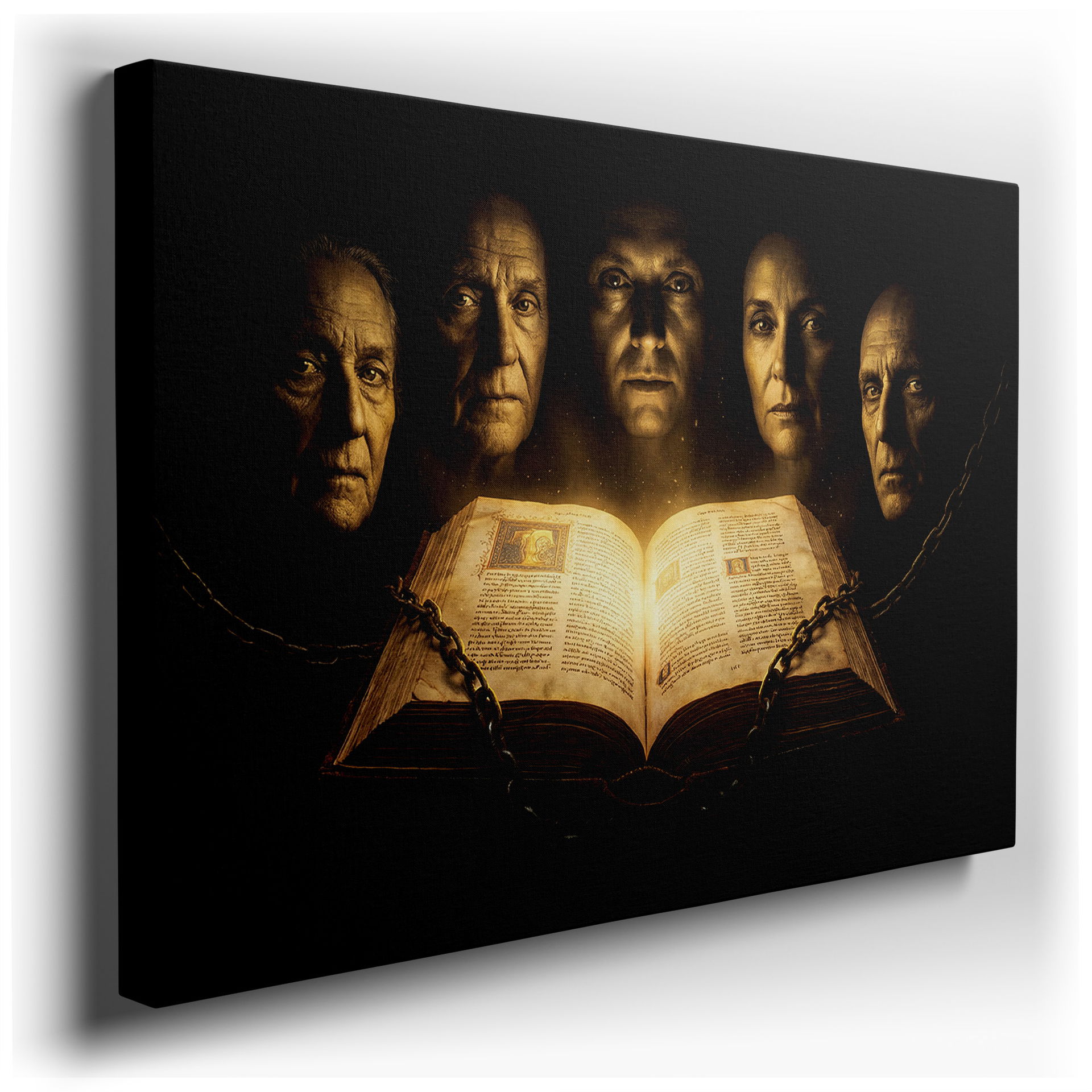 Mystical faces canvas wall art: ancient book with glowing light secured by chains in a dark academia style.