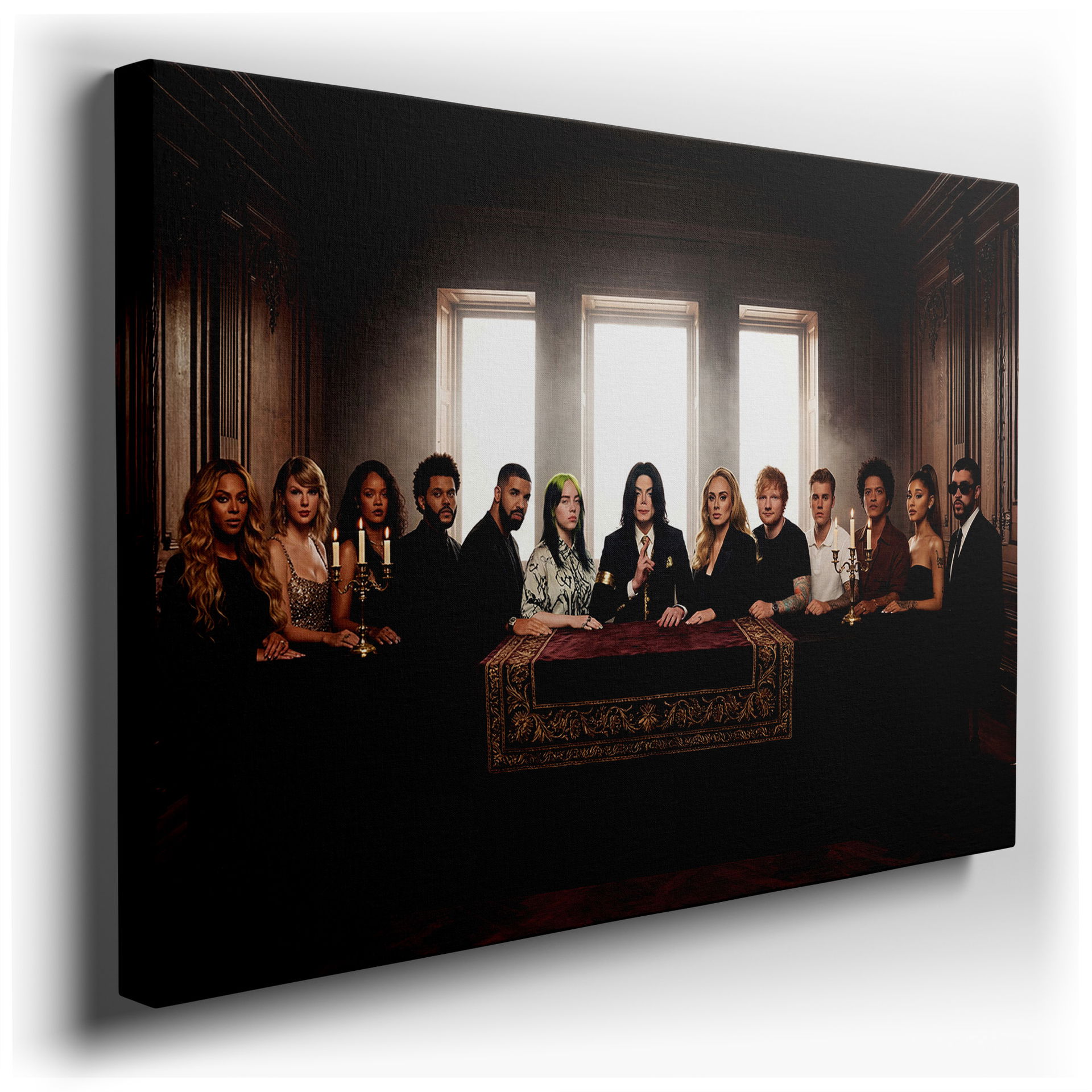 Unique wall art displaying famous musicians in a 'Last Supper' setting; a creative twist on a classic scene for home decor.