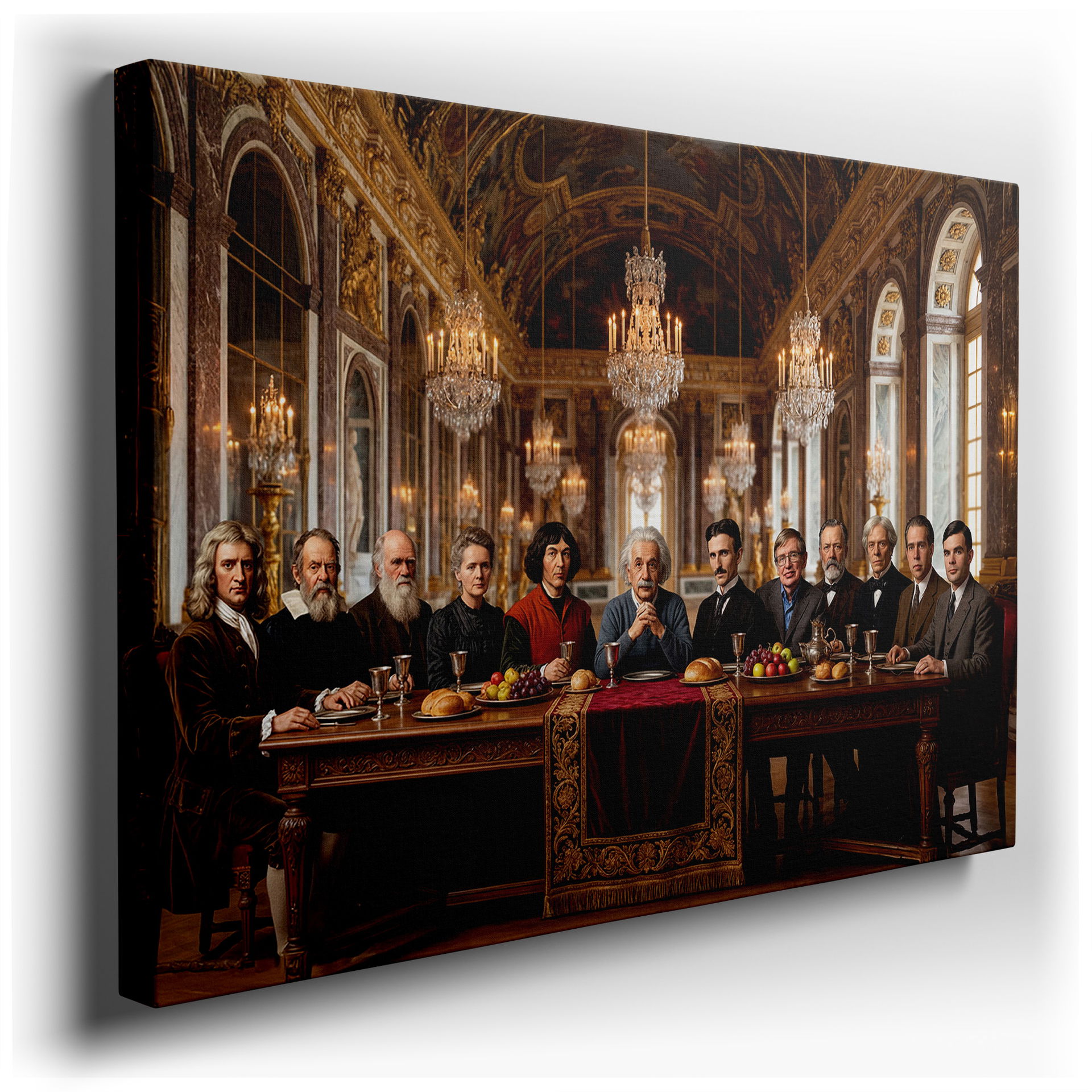 Wrapped Canvas featuring a Last Supper scene, reimagined with historical scientists at a lavishly set table.