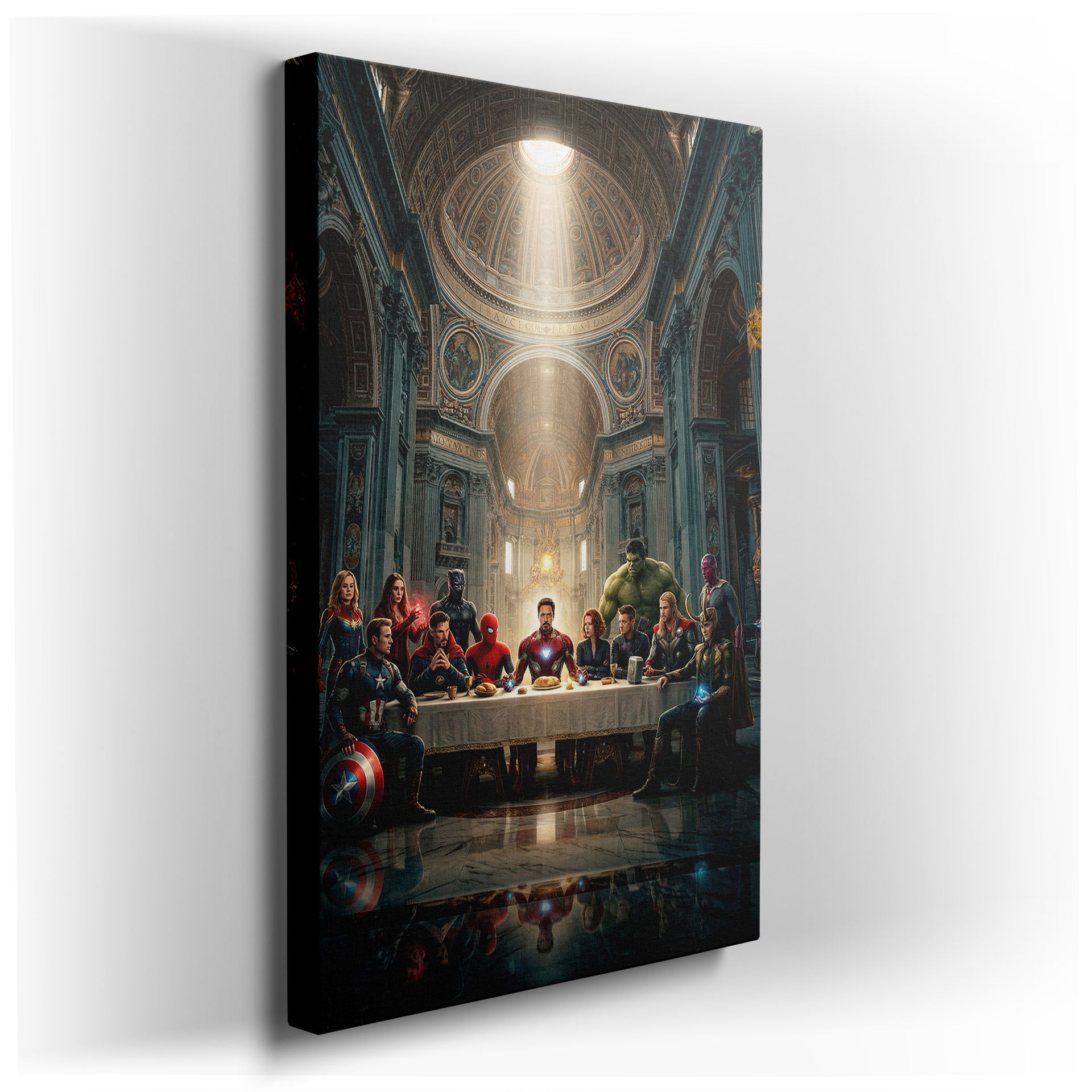 Marvel's Avengers in a Last Supper scene. A unique and captivating piece of wall art. The heroes are gathered in a grand hall.